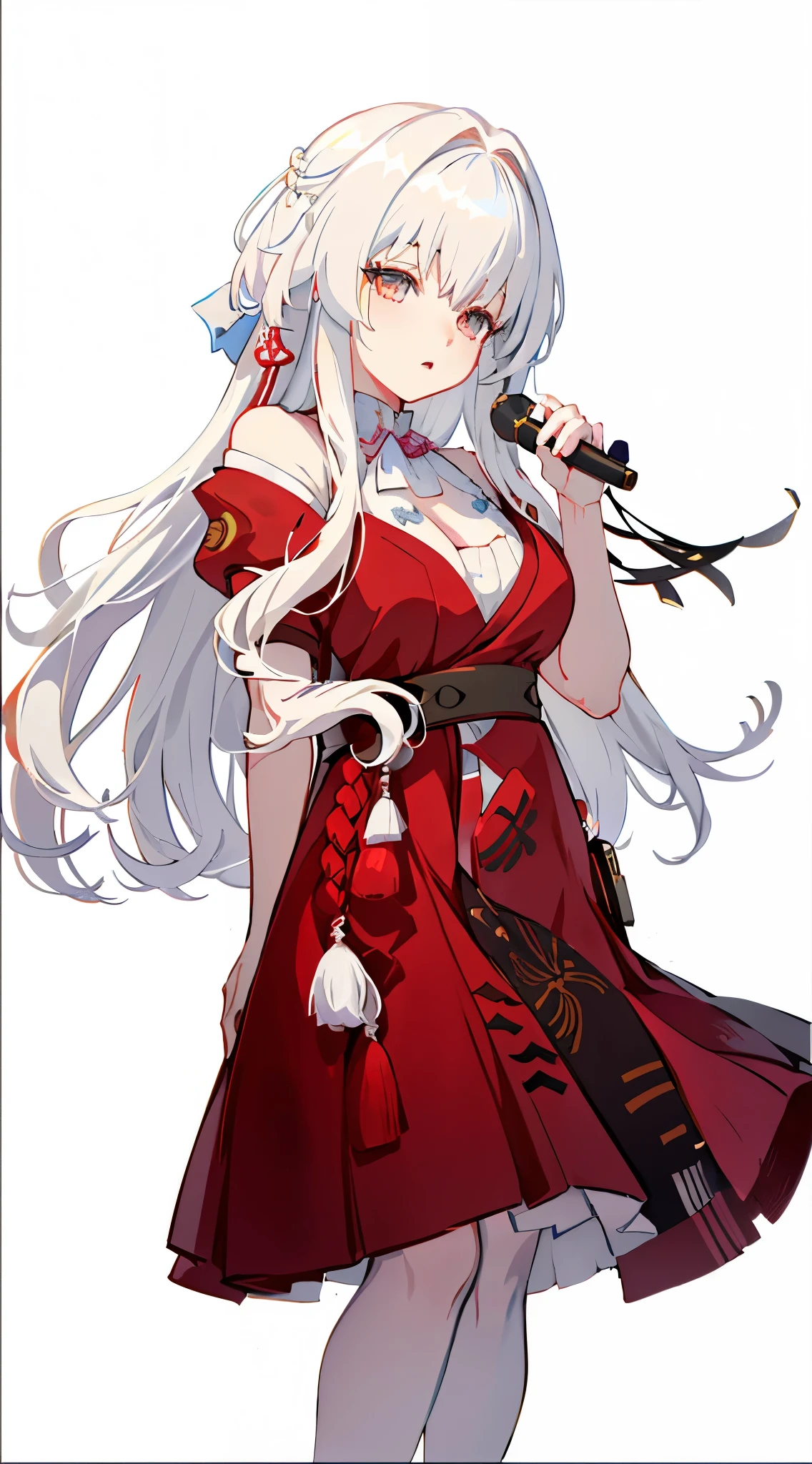 Clara, close up of a person in a dress holding a microphone, white haired deity, azur lane style, characters from azur lane, white-haired, perfect white haired girl, white haired, cute anime waifu in a nice dress, grayscale phtoto with red dress,  in dress, ( ( ( yoshinari yoh ) ) )