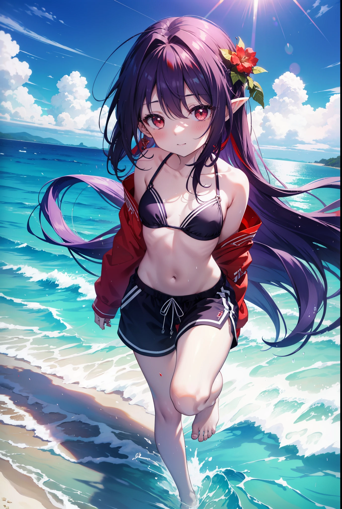 yuukikonno, Yuki Konno, long hair, hair band, pointed ears, purple hair, smile,blush,(red eyes:1.5), (small breasts:1.2), open your mouth,light purple hoodie,Arms twisted,bikini swimwear,shorts,barefoot,Cute Sandals,Midsummer,Palm tree,daytime,Light of the sun,walking on the sandy beach,
壊す looking at viewer, Upper body, whole body,
break outdoors, coastal street,destroy the beach (masterpiece:1.2), highest quality, High resolution, unity 8k wallpaper, (figure:0.8), (detailed and beautiful eyes:1.6), highly detailed face, perfect lighting, Very detailed CG, (perfect hands, perfect anatomy),