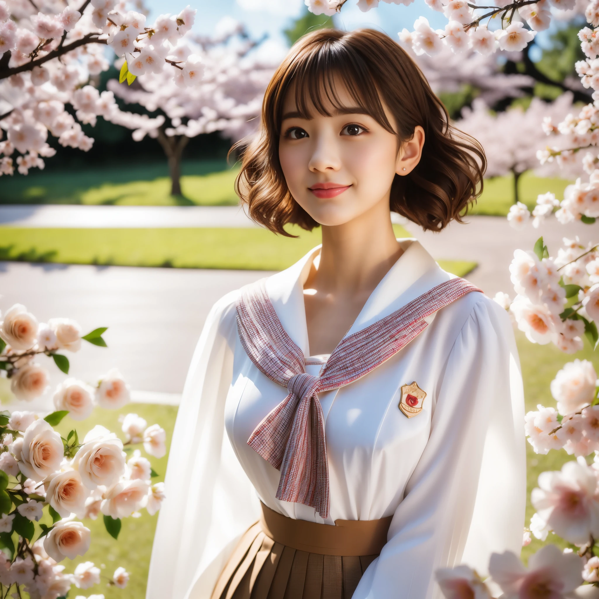 (masterpiece, highest quality:1.2, analog film, photorealistic:1.7), (upper shot), in beautiful garden, (Japanese actress, acting as a graduating beautiful student, looking far away with sorrow, brunette curled short, large cute eyes, (sad with tears, smile), (cute designed school uniforms with long sleeves:1.3, blouse, (shapely large breasts:1.3), a knee-length pleated skirt:1.8, cute socks, loafer), floral background, cherry blossom, roses, high res:1.4, natural soft light on her waist, wide shot