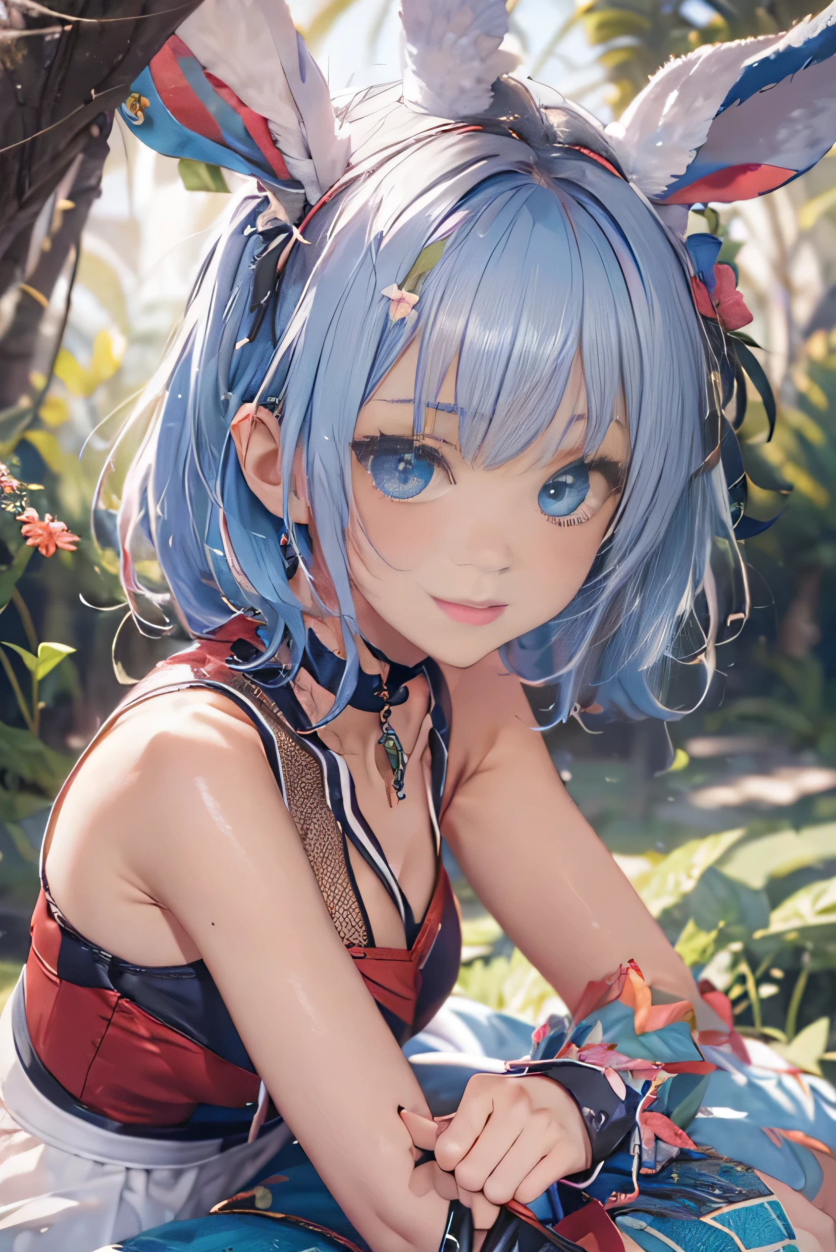 (photorealistic:1.8, highest quality:1.8,8K masterpiece:1.8,High resolution,muste piece:1.8,RAW Photos,cinematic lighting,red and purple dream colors),1 23-year-old woman,(Colorful playboy bunny girl in two colors,high cut leotard,white cuffs,choker,Fishnet stockings,Bunny ears,Cleavage cut,loafer shoes),beautiful detailed blue eyes:1.7,double eyelid:1.6,beautiful skin:1.8, (looking at the camera:1.5),(Rear view:1.4),( midium Hair:1.2,Beautiful shining blue lime hair:1.5), expression(Gentle Smile:1.3,face turns red:1.3),(Moderate chest:1.3), Pause(Seductive pose:1.5), background(A bright forest with blooming flowers),(detailed perfect face),anatomically correct,correct move:1.5,correct foot:1.5,(cameltoe),No split screen