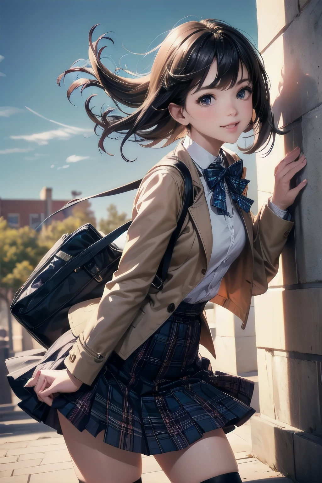 very cute and beautiful girl,(highly detailed beautiful face),smile,happy,cowboy shot,
(brown jacket:1.2),collared shirt,plaid bowtie BREAK detailed legs,zettai ryouiki,brown shoulder bag,
stylish pose,hair pin,black hair,(blue plaid mini skirt:1.2),(skirt fluttered in wind),stone gate,school entrance,colorful rose flowers,
(best quality,masterpiece:1.2),absurdres,highres,ultra-detailed,extremely detailed,32k,8k resolution,
intricate details,cinematic scene,detailed background,solo,dynamic angle,
beautiful detailed sky,
