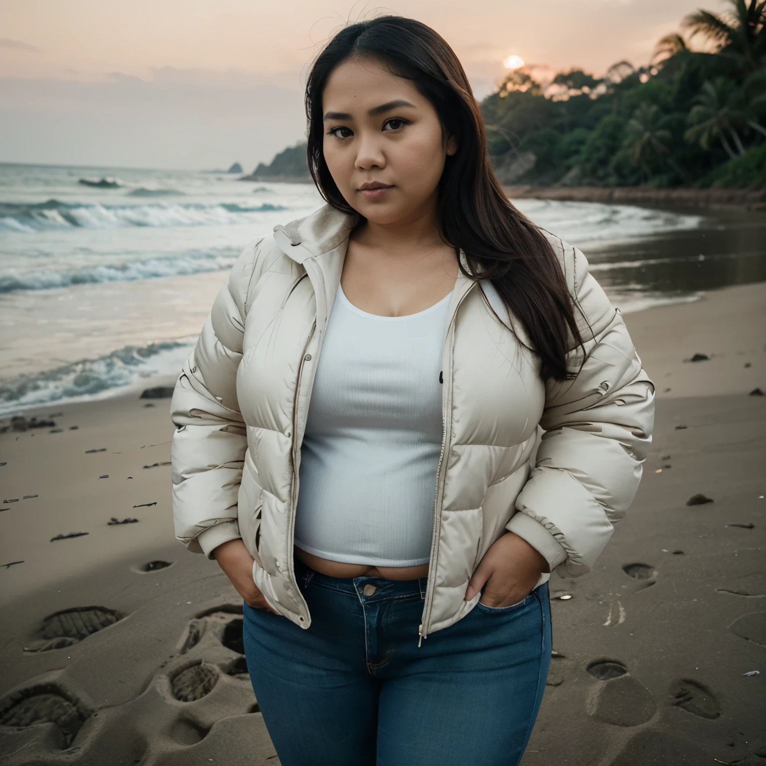 an Indonesian Javanese woman (27 years old, oval and clean face, fat body, fat, chubby body, chubby, Indonesian-style skin, wearing a thick winter jacket, jeans) standing posing like a model on the beach, photo slightly tilted to the side, visible face, Chubby face, atmosphere night, minimal lighting, sunset light. ultra HD, real photo, very detailed, very sharp, 18mm lens, realistic, photography, leica camera, ((( chubby )))