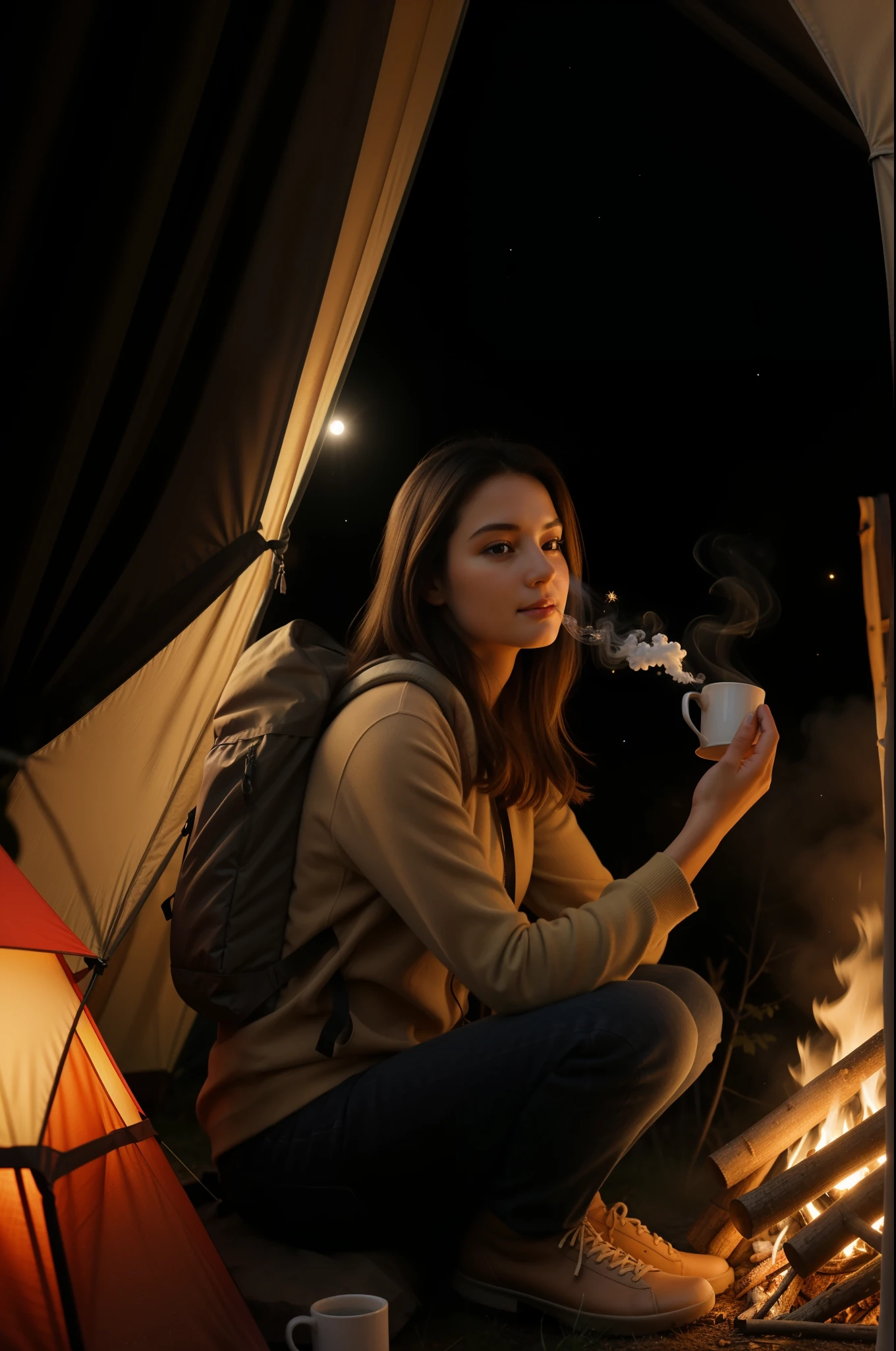 masterpiece, best quality, extremely detailed, hyperrealistic, photorealistic, warm hue, warm tone, a beautiful woman, ultra detailed face:1.2, at night:1.2, sitting near campfire, in a forest, with stars and milky way trails:1.1, holding the mug with both hands, real steam visible, smoke, shadows, tent, backpack
