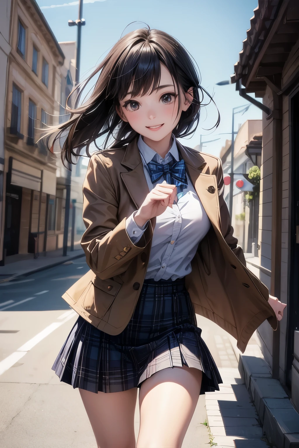 very cute and beautiful girl,teen,(highly detailed beautiful face),smile,happy,cowboy shot,
(brown jacket:1.2),collared shirt,plaid bowtie BREAK detailed legs,zettai ryouiki,brown shoulder bag,
stylish pose,hair pin,black hair,(blue plaid mini skirt:1.2),(skirt fluttered in wind),stone gate,school entrance,colorful rose flowers,
(best quality,masterpiece:1.2),absurdres,highres,ultra-detailed,extremely detailed,32k,8k resolution,
intricate details,cinematic scene,detailed background,solo,dynamic angle,
beautiful detailed sky,