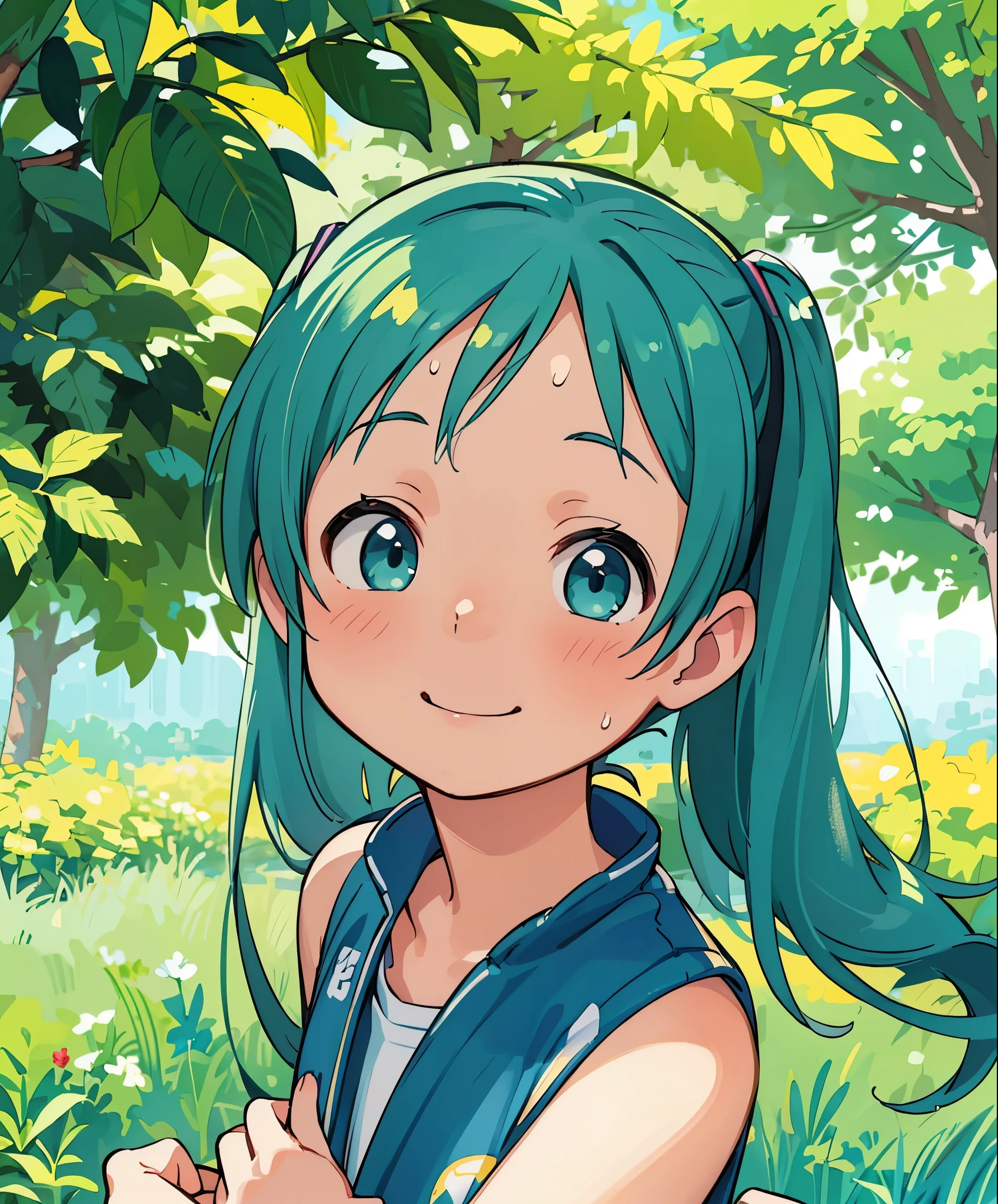 (masterpiece、highest quality、highest quality、official art、beautiful beautiful:1.2)、(1 girl:1.3)Hatsune Miku、twin tails,big breasts,table top, highest quality, 8k_wallpaper, (beautiful eyes), ((cute)), cute, (Lovely), (Please park on sunny days),1 girl,,1 ,standing girl,smile,close up of face、Portrait(((run a marathon)))、(((jogging)))、((track and field uniforms))