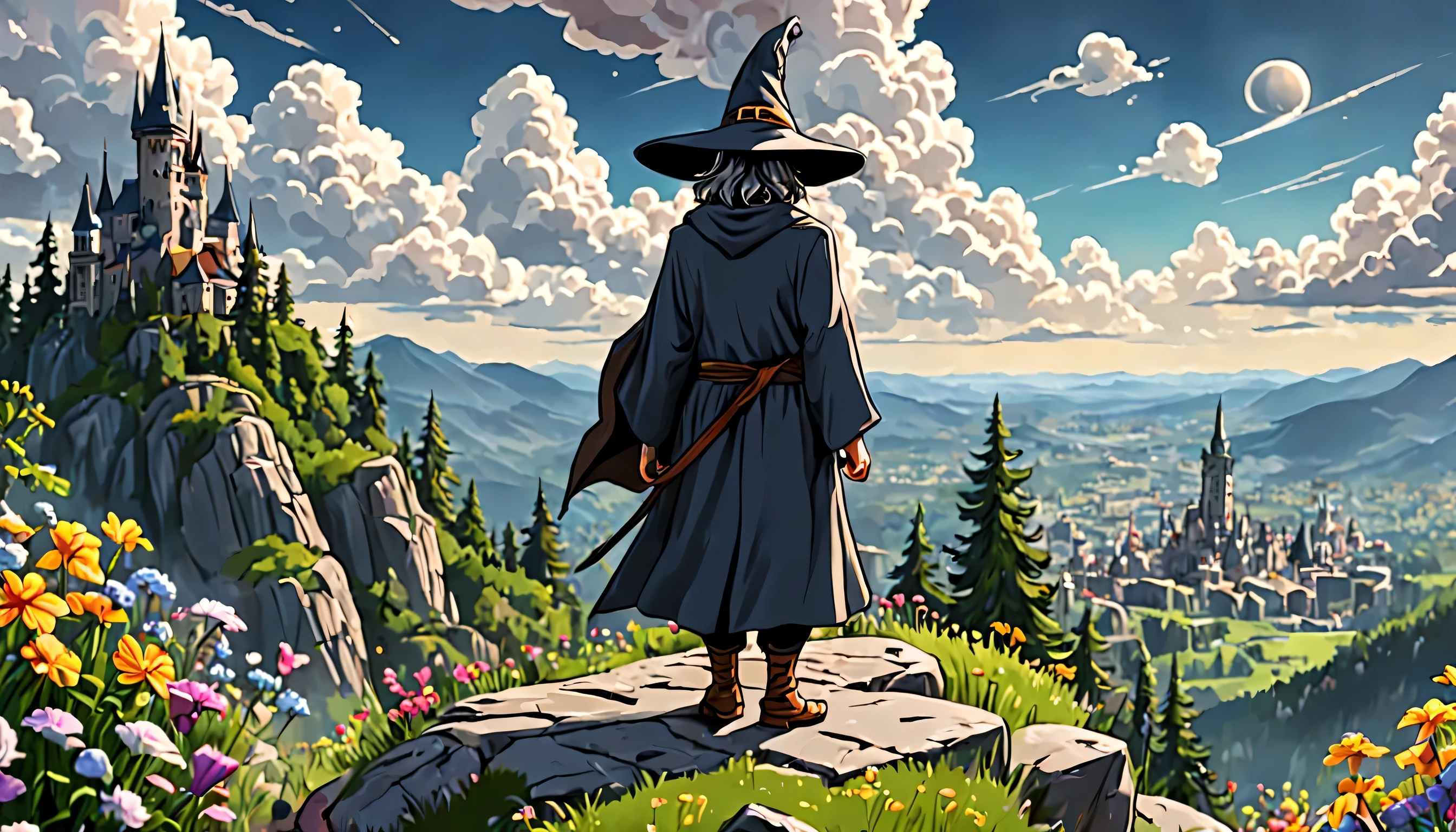 Cute Cartoon, CuteCartoonAF, (back view:1.3) of a powerful (wizard) (wearing a wide hat) standing on a rocky hill, ((tall trees)), city, (mysterious clouds), ((flowers)), valley, (rocks)