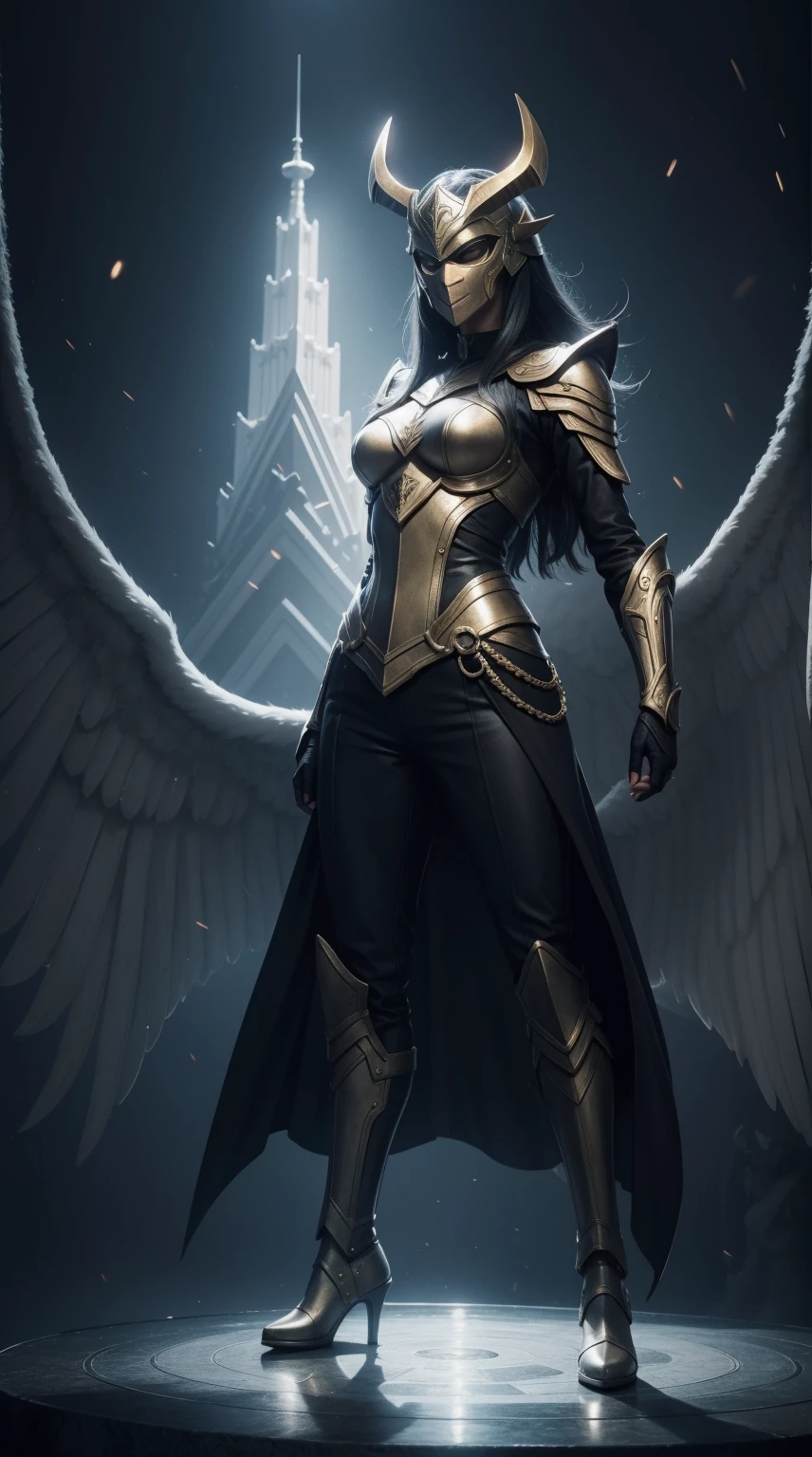 ((Full body photo,standing, feet on the ground)), Valkyrie, female, satan-shape-mask, on top of lighting tower, blue sky background, Animal Anthropomorphism, realistic digital, humanoid, abstract background, global illumination, intricate, epic, dramatic, masterpiece, high detail, best quality, ultra high res