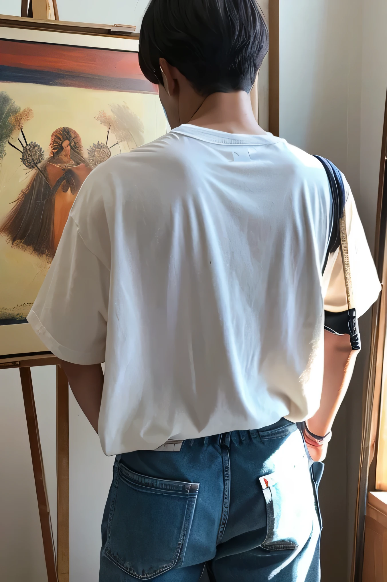 A painter is standing and painting a picture facing away..　Rear view