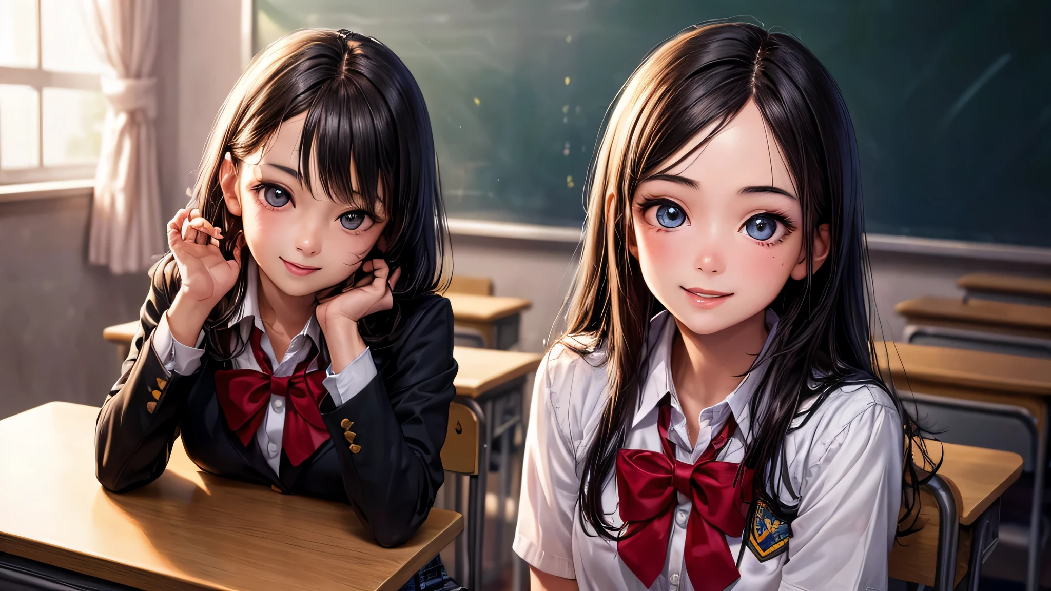 1 girl, very cute face, wonderful face and eyes, Smile, (highly detailed eyes, highly detailed face), Fresh, very beautiful appearance, (surreal, High resolution), (highest quality:1.4), professional photography, (high School uniform, pleated mini skirt:1.2), smile a little, (look at me), School, classroom,