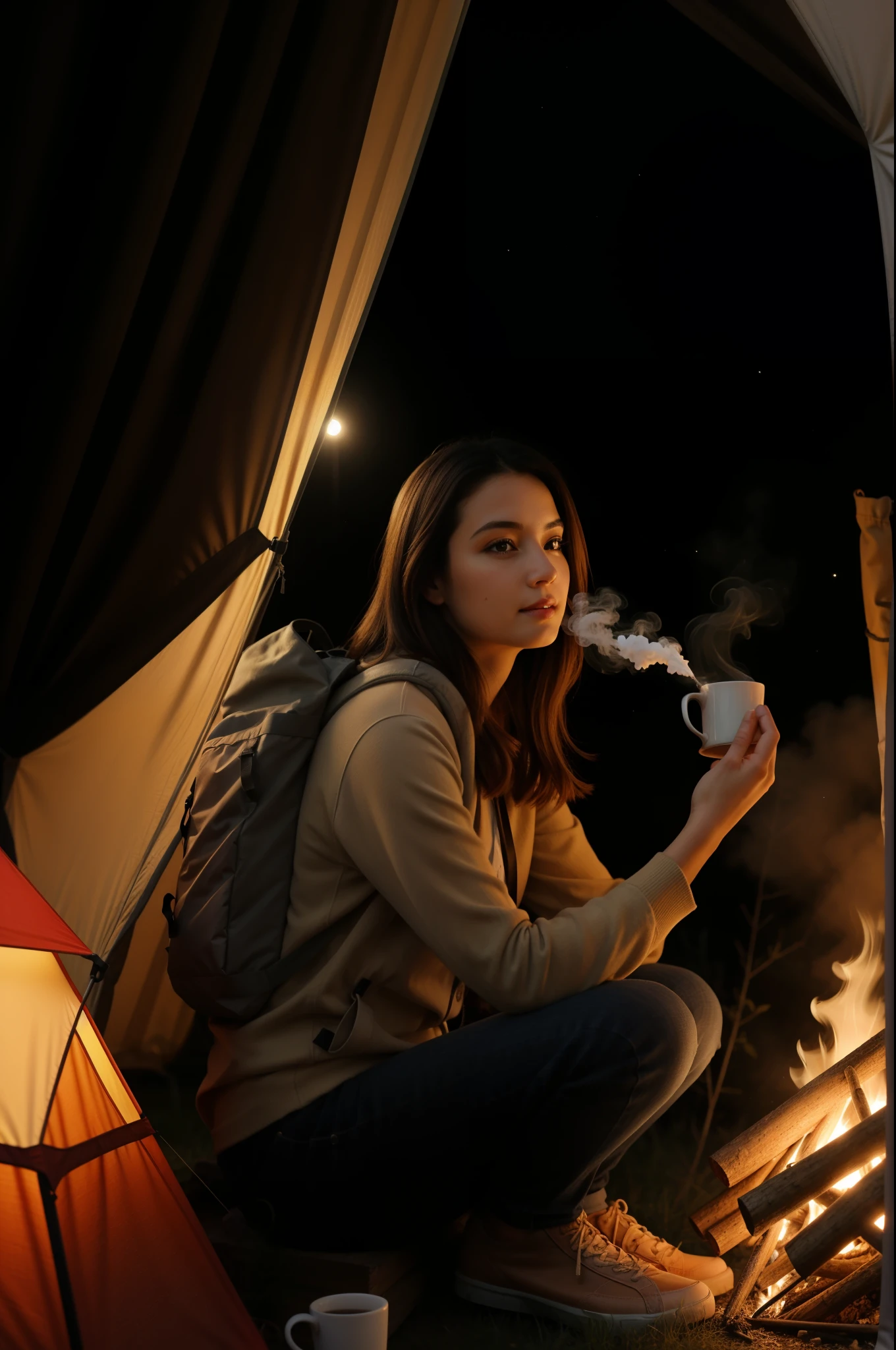 masterpiece, best quality, extremely detailed, hyperrealistic, photorealistic, warm hue, warm tone, a beautiful woman, ultra detailed face:1.2, at night:1.2, sitting near campfire, in a forest, with stars and milky way trails:1.1, holding the mug with both hands, real steam visible, smoke, shadows, tent, backpack