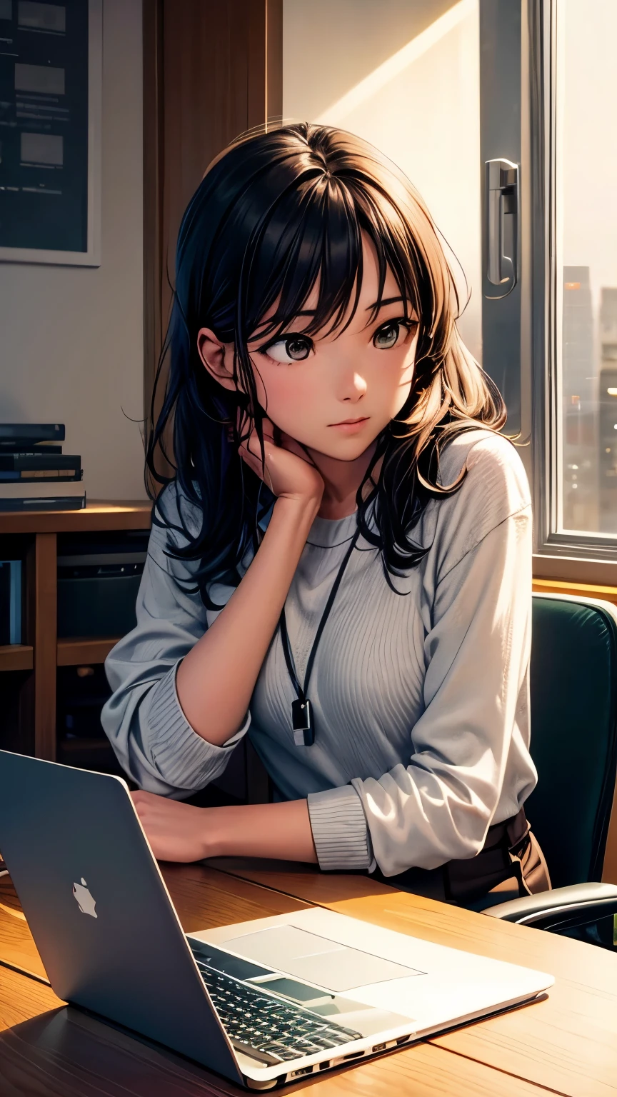 Generate an image of a person sitting at a desk in a cozy, dimly lit room with a laptop in front of them
