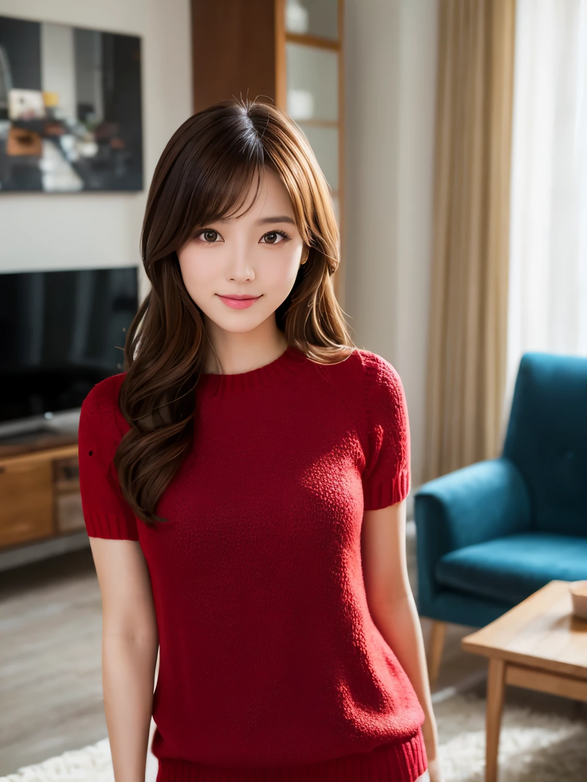 (highest quality、table top、8K、best image quality、Award-winning work)、one beautiful woman、(bright red long knit:1.2)、(Precise and perfect red long knit:1.2)、(red long knit:1.2)、Shining beautiful skin、Fair-skinned super high detail skin、(accurate anatomy:1.2)、The most classy apartment living room、The most classy living room interior、A gentle smile looking at me、(close up of a woman:1.2)、Standing gracefully、(stand gracefully:1.1)、Very bright and clean、(blurred background:1.1)、photo portrait、(low contrast:1.1)、(Draws softly and smoothly:1.1)、very romantic、very grumpy、very bright、(very bright and refreshing:1.1)、Refreshing colors of youth、illuminated white skin、(The most natural and practical real furniture arrangement:1.1)、(The most classy apartment living roomに立つ:1.1)、very bright and vivid、(Real Yua Mikami'face:1.1)、(Highly detailed Real Yua Mikami'face:1.1)、(Yua Mikami'Perfect face drawn in every detail:1.1)、no makeup
