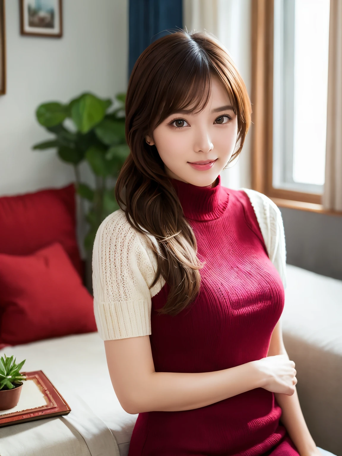 (highest quality、table top、8K、best image quality、Award-winning work)、one beautiful woman、(bright red long knit:1.2)、(Precise and perfect red long knit:1.2)、(red long knit:1.2)、Shining beautiful skin、Fair-skinned super high detail skin、(accurate anatomy:1.2)、The most classy apartment living room、The most classy living room interior、A gentle smile looking at me、(close up of a woman:1.2)、Standing gracefully、(stand gracefully:1.1)、Very bright and clean、(blurred background:1.1)、photo portrait、(low contrast:1.1)、(Draws softly and smoothly:1.1)、very romantic、very grumpy、very bright、(very bright and refreshing:1.1)、Refreshing colors of youth、illuminated white skin、(The most natural and practical real furniture arrangement:1.1)、(The most classy apartment living roomに立つ:1.1)、very bright and vivid、(Real Yua Mikami&#39;face:1.1)、(Highly detailed Real Yua Mikami&#39;face:1.1)、(Yua Mikami&#39;Perfect face drawn in every detail:1.1)、no makeup