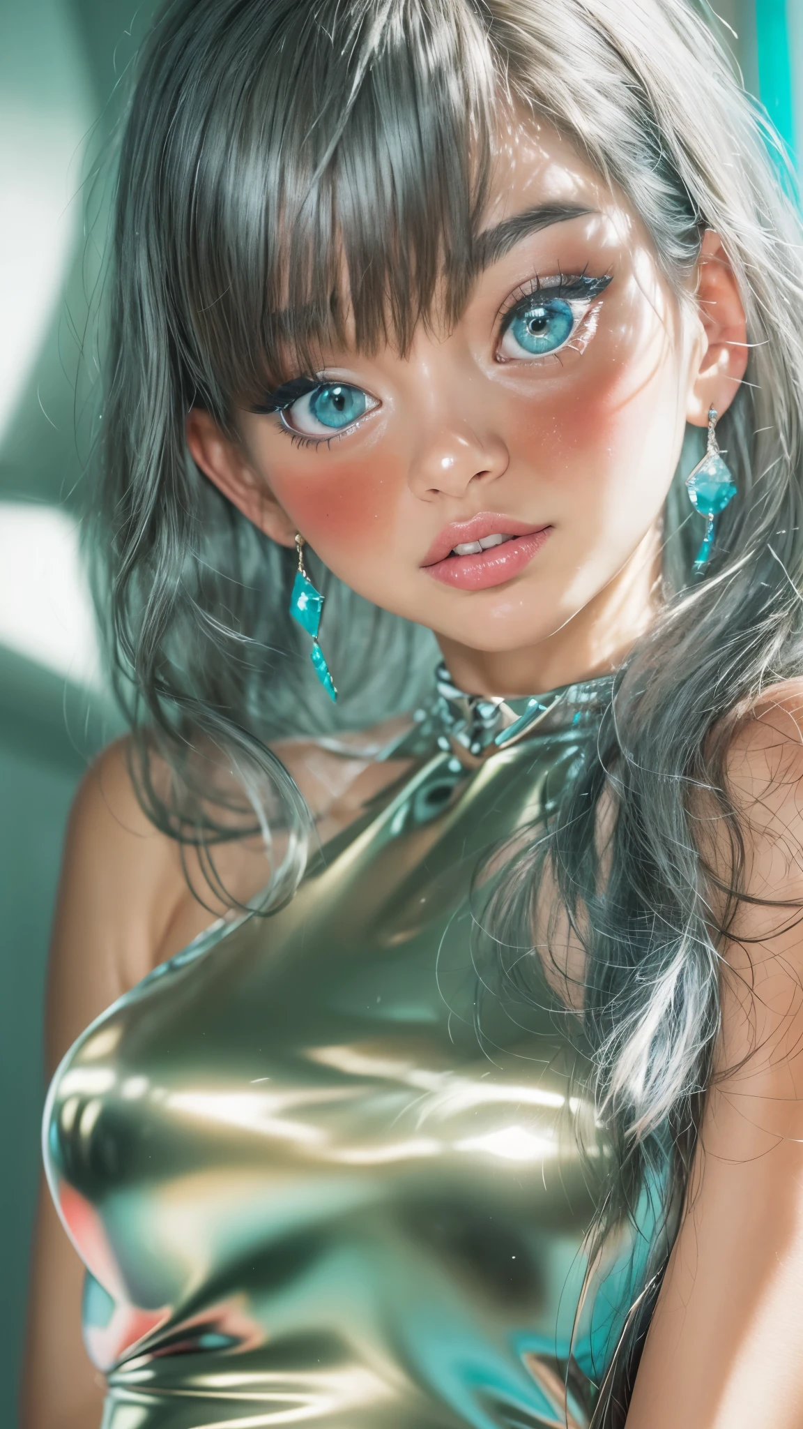 (masterpiece, realistic:1.3), (extremely intricate:1.2), (photorealistic:1.4), (extremely delicate), (ultra realistic:1.3), (modelshoot style), hyperrealistic photography, extremely detailed, 8k wallpaper, UHD, HDR, RAW photo, dslr, hyper realistic, puffy lips, diamond earrings, (Japanese beauty Japanese mixed:1.2), (realistic skin:1.4), (sweaty:1.1), thick thighs:1.1, narrow :1.1), (green_hair, long hair, straight hair:1.3), red_eyeshadow, red lips, tongue out, mouth open, eyes_smile, (holographic iridescent metallic black latex dress:1.4), (sunlight_on_front_face:1.3), makeup, ultra detailed irises, perfect eyes, perfect face, detailed face, (A picture of a girl and hotel:1.5), close up