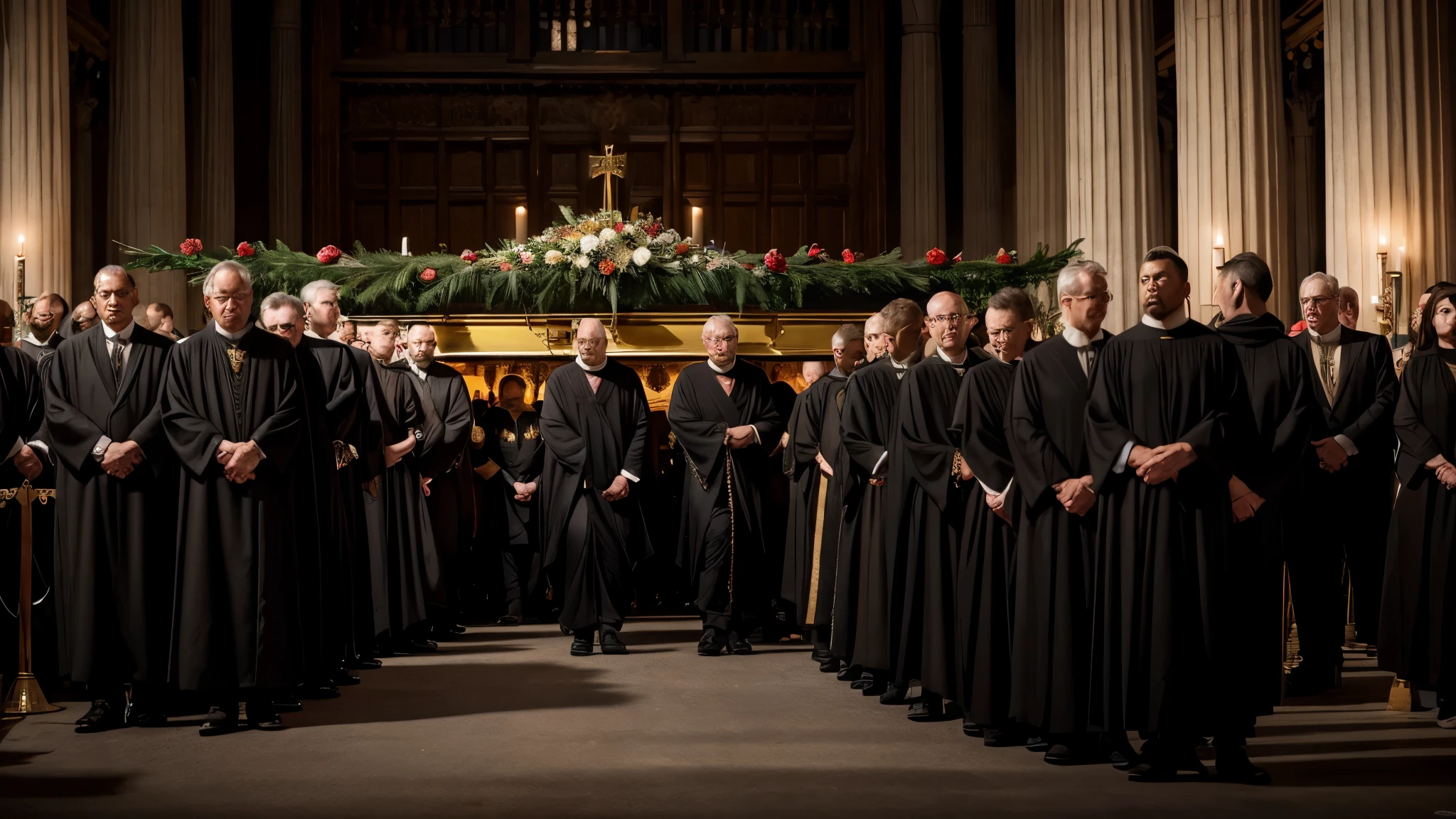 Create a photorealistic, 32K Resolution, high quality, realism, and high detail image depicting the funeral ceremony of King Henry III. Show a solemn procession with mourners dressed in black, carrying the king's casket adorned with royal insignia. Surround the scene with grand architecture and ornate decorations befitting a royal funeral, such as draped banners and flickering candles. Utilize subdued lighting to convey the somber mood of the occasion, with shadows adding depth and drama to the scene. Capture the grief and reverence of the attendees as they bid farewell to their monarch, symbolizing the end of an era in medieval England.