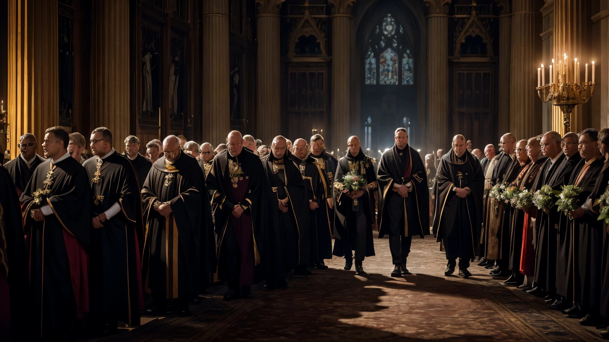 Create a photorealistic, 32K Resolution, high quality, realism, and high detail image depicting the funeral ceremony of King Henry III. Show a solemn procession with mourners dressed in black, carrying the king's casket adorned with royal insignia. Surround the scene with grand architecture and ornate decorations befitting a royal funeral, such as draped banners and flickering candles. Utilize subdued lighting to convey the somber mood of the occasion, with shadows adding depth and drama to the scene. Capture the grief and reverence of the attendees as they bid farewell to their monarch, symbolizing the end of an era in medieval England.