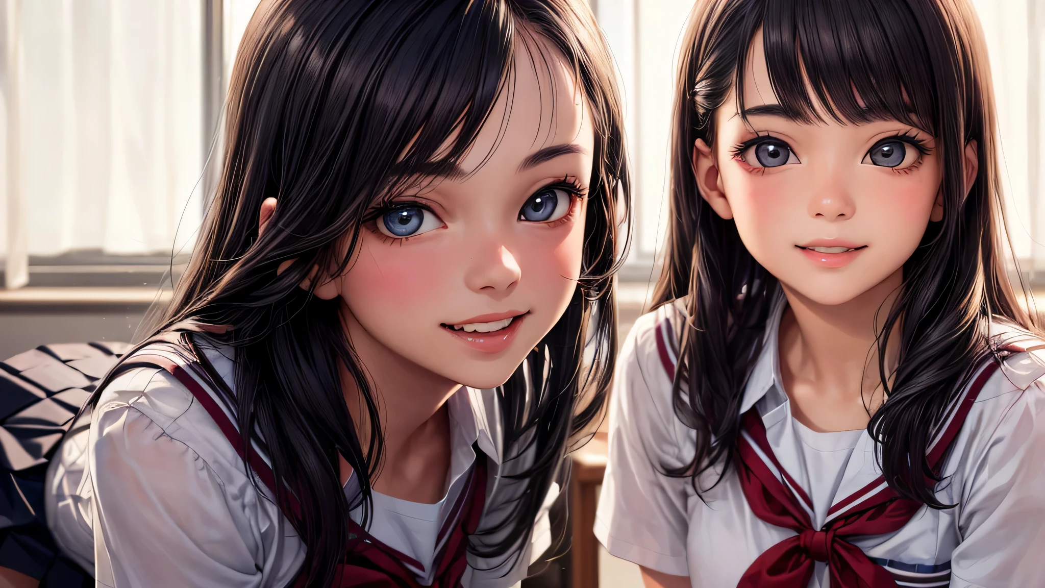 1 girl, very cute face, wonderful face and eyes, Smile, (highly detailed eyes, highly detailed face), Fresh, very beautiful appearance, (surreal, High resolution), (highest quality:1.4), professional photography, (high School uniform, pleated mini skirt:1.2), smile a little, (look at me), School, classroom,