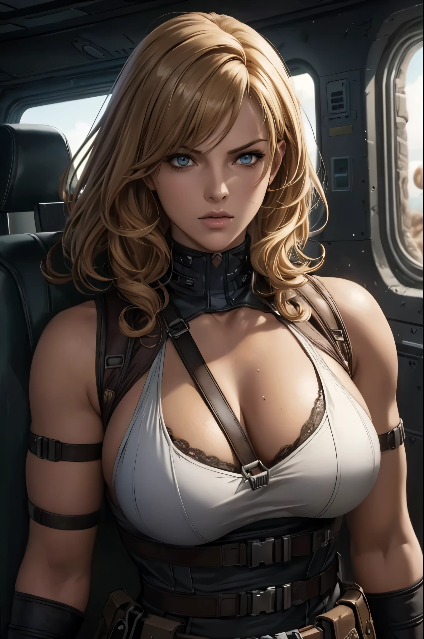 super fine illustration, ultra high resolution, masterpiece, highest quality, perfect dark skin, perfect lighting, detailed lighting, dramatic shadow, ray tracing, 1 beautiful white milf, looking at the viewer, small breasts, exposed cleavage, beautiful detailed hazel eyes, sharp face, clear eyes, long bang, ((medium curly blond hair:1.2)), ((post-apocalyptic fiction)), ((desert:1.2)), Upper body, battle suit, military harness, Alice Abernathy - Resident Evil Series, Milla Jovovich,