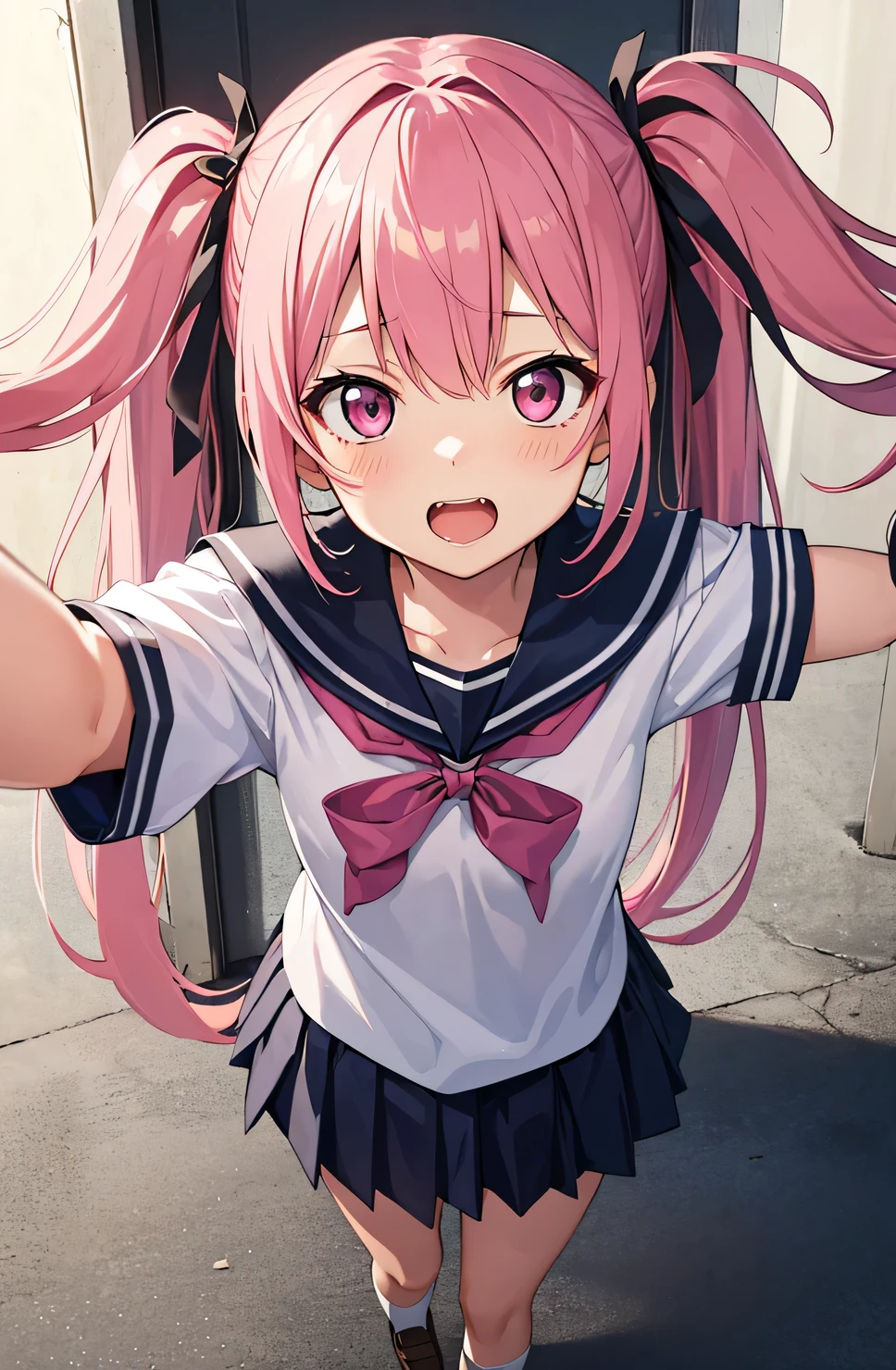 one girl、long twin tails、(pink hair:1.1)、pink eyes,normal breasts,cute face、cute anime illustration、Tsundere、clear eyes、nice、Black hair fastening、,School uniform、of joy、School、upper grade、Composition looking down from above、double teeth