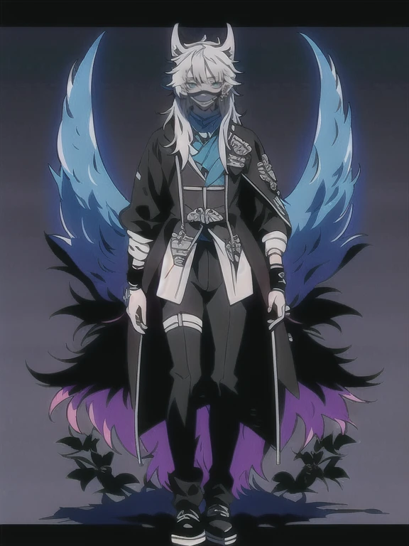 solo, 1boy,「white hair,cerulean blue」long hair,  {{nighthawk mask}},  There&#39;s a man wearing a costume, {fox tail,} {one wing of a crow} Farson!!!!, furry Farson, furry characters, furry anime, Farson, furry paws furry, Furry shots, there is nothing, very hairy, furry artist, upright, [[[Anthropomorphic Nue]]] virtual youtuber, full body