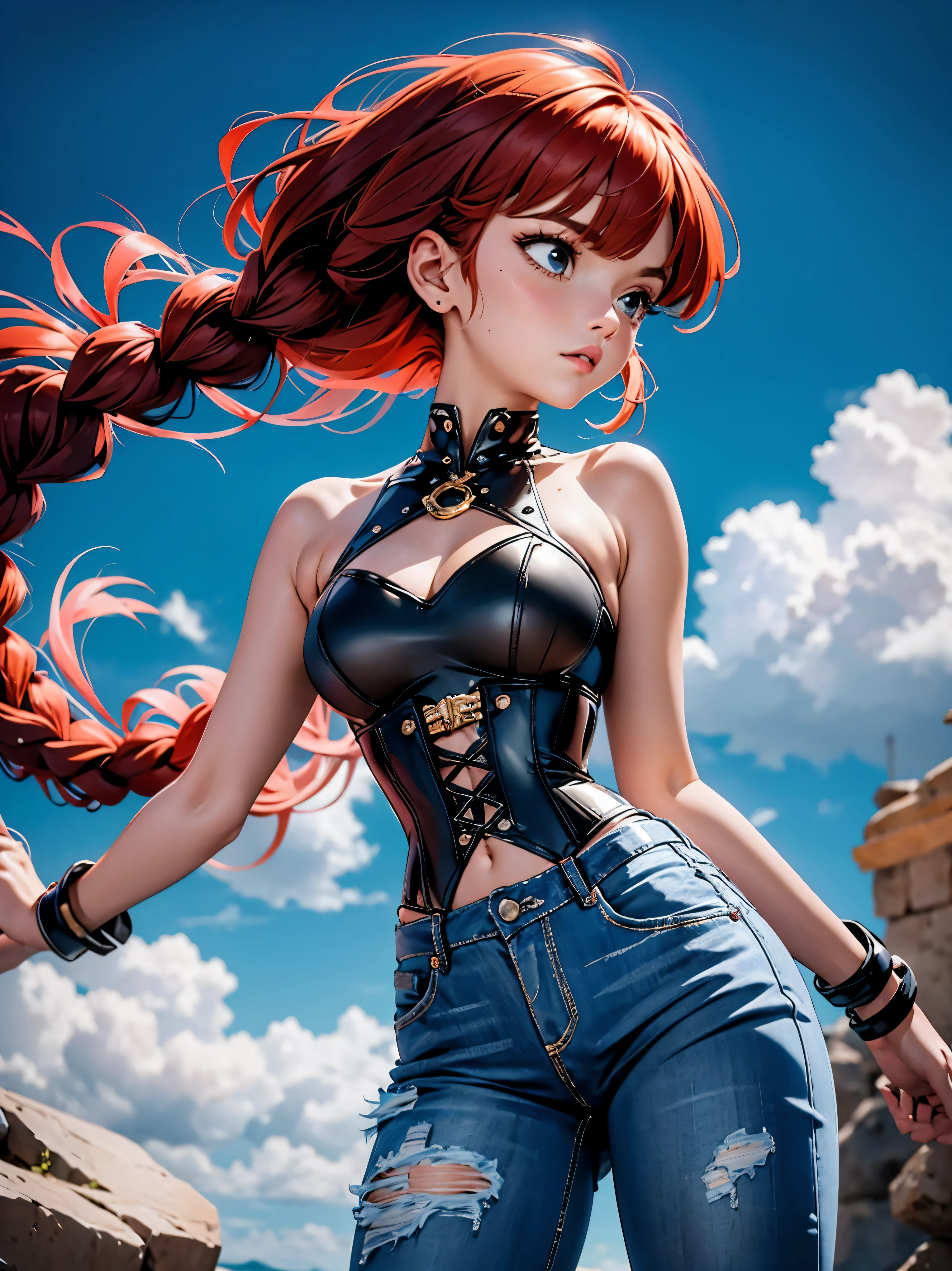 Garota Ruiva de anime em bermuda jeans e corset preto, 15 anos, corpo bonito, seios grandes, tocando guitarra eletrica, estilo heavy metal, banda dama de ferro, Garota sexy, red hair with braid, mechas de cabelo laterais, mechas de cabelo na lateral do rosto, beautiful lighting, sombras suaves, olhos azuis, pernas bonitas, hair with braid, estilo anime, Ranma Chan, Autora Rumiko Takahashi, Baseado em obra de Rumiko Takahashi, Anime Ranma 1/ 2, decote sexy, quadril robusto, corpo inteiro, corpo inteiro, busto grande, garota jovem com corpo belo e bonito, sandals on his feet, garota 15 anos jovem baixa estatura, vestindo short jeans e corset, garota anime, estilo anime, beautiful feet in sandals, Front viewing angle 0°, ao ar livre, hair braid vermelho, grande , peito grande, hair braid, garota guitarrista, Heavy metal music, braided hair blown by strong wind