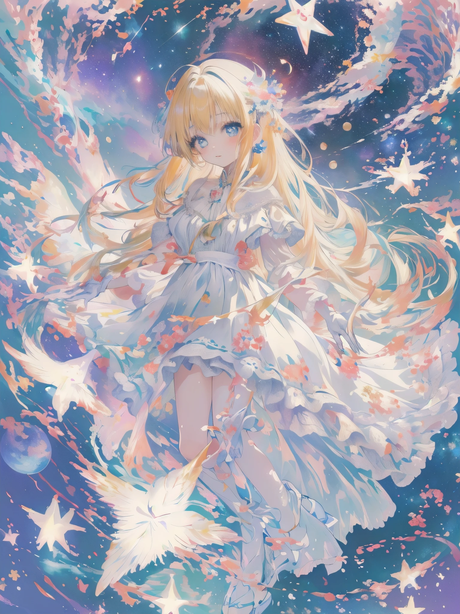 [(white background:1.5),::5] (isometric:1.0),(( wide shot, full body)),//1 girl, dressed elegantly in a white dress with lace, transparency, white gloves, kawaii rpg, official art, gacha banner, the background is the night sky full of stars shining on the milkyway, moon, long flowing hair, galaxy eyes, dust particles, best shadows and lighting, gacha splash art, blonde hair, long hair,