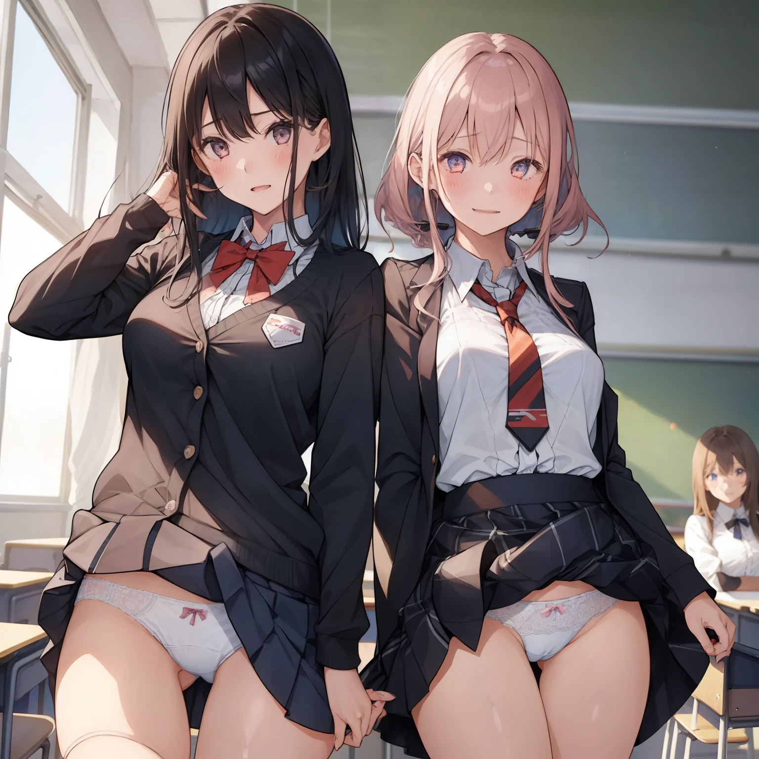 ((2 girls:1.5))、smile、blush、shirt、のskirt、、((fun!))(small breasts)、chiralism、black hair、()、(黒いskirt:1.3)、bow, button, 襟の付いたshirt, long sleeve, マイクロskirt, プリーツskirt、(Jacket)、 skirt, socks, thighs, 白い shirt, ((classroom:1.5)),(skirtを掴む:1.5)、 (perfect hands, perfect anatomy),cowboy shot、(skirt lift:1.3),(highly detailed white panties:1.3)、(highly detailed panties:1.3)、、(skirt that rolls up:1.3)、(fully exposed panties:1.5)、