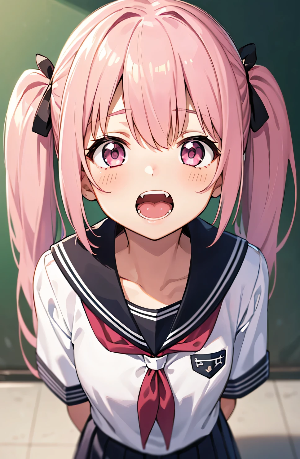 1girl, natsu,pink hair, halo, ahoge,side ponytail, long hair,ahoge,hair ornament,
long hair,long sleeves,sailor collar,school uniform,serafuku,skirt,thighhighs,black thighhighs,red neckerchief,
(dynamic pose,:1.3),from above,