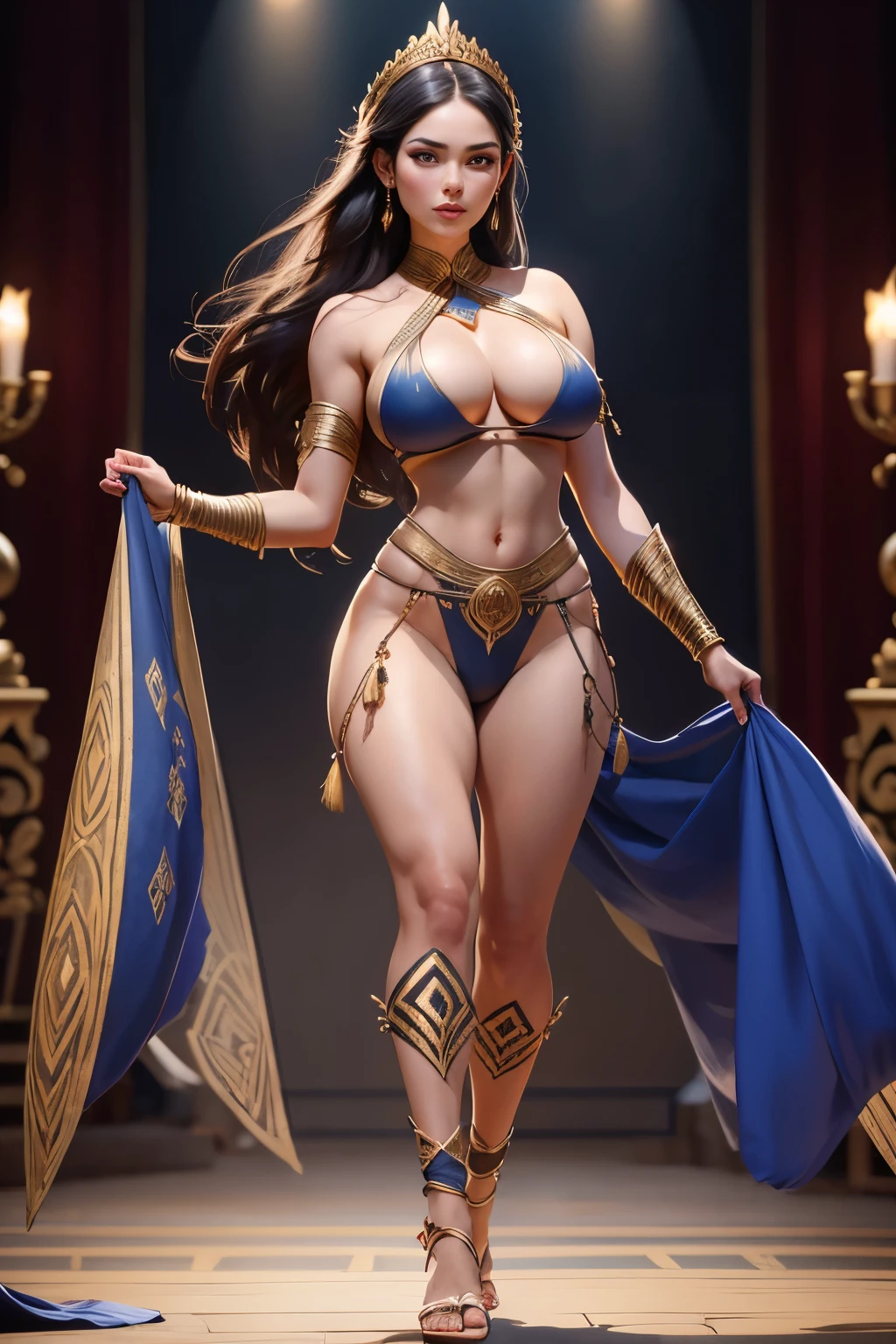 sexy woman, huge breast, tight bikini, top model, ancient shumerian fashion show, walks on podium, full body, high detailed image, masterpiece, oil painting