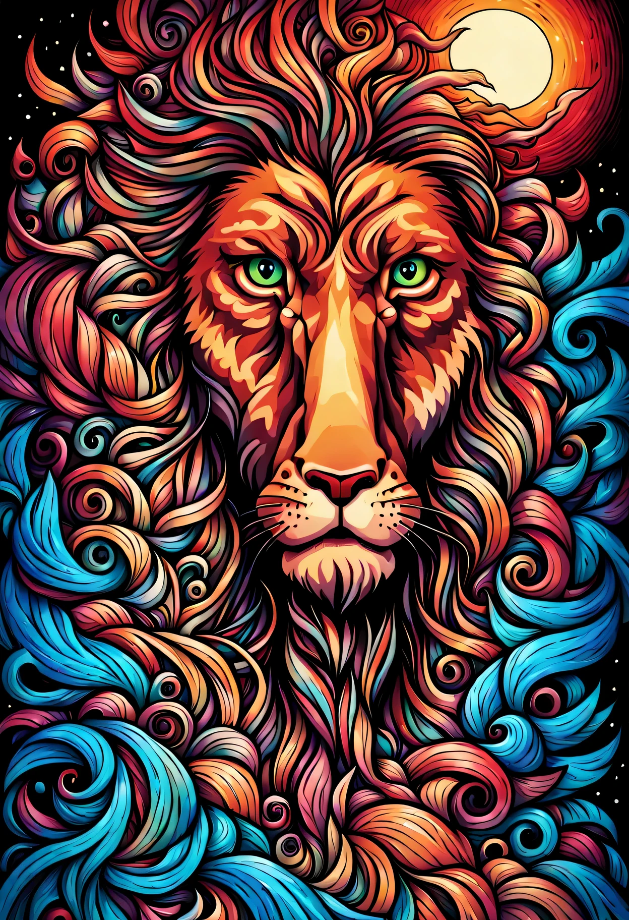 Colorful Lion、diego gisbert lawrence、Josan Gonzalli Dan Mumford、fairy tale illustration、psychedelic art,table top、highest quality、Super detailed、composition of golden ratio、