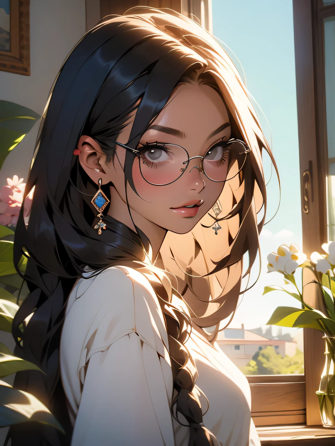 Mulher jovem e bonita, 2 long braids, franja grossa, cabelo escuro, muita maquiagem, wearing round glasses, pele escura, retrato. tiro no rosto, long head, nariz grande, big lips, ebony skin, pernicioso, olhos azuis, vestindo camisa branca com gravata azul, saia xadrez azul, 16 anos, o fundo tem estantes, vase with flowers next to the window overlooking the blue sky,