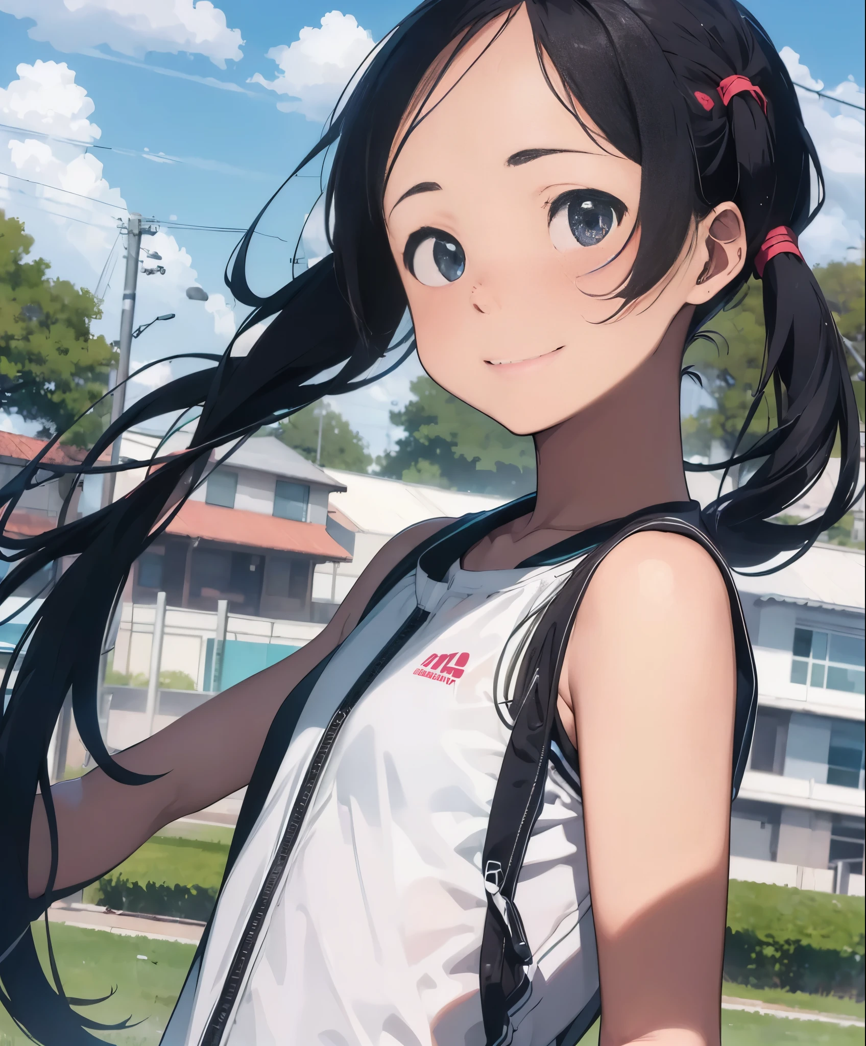 (masterpiece、highest quality、highest quality、official art、beautiful beautiful:1.2)、(1 girl:1.3)Hatsune Miku、twin tails,table top, highest quality, 8k_wallpaper, (beautiful eyes), ((cute)), cute, (Lovely), (Please park on sunny days),1 girl,,1 ,standing girl,smile,close up of face、Portrait(((run a marathon)))、(((jogging)))、((track and field uniforms))