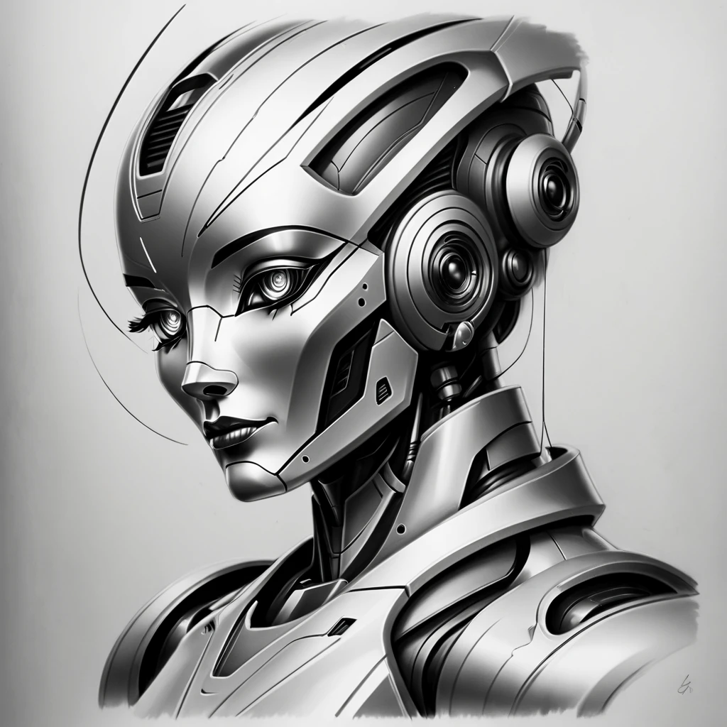 ，(character sketch:1.1)，(charcoal drawing:1.2)，Sketch，(pencil drawing:1.3)，Charcoal painting style，Black and white，character sketch, high resolution, 1womanl, Solo, (Detailed face), kda，bioluminic, Black and white galactic cybernetic mask, (abstracted, Make a sketch of a robot with high technology:1.5), Part description, SH4G0D,