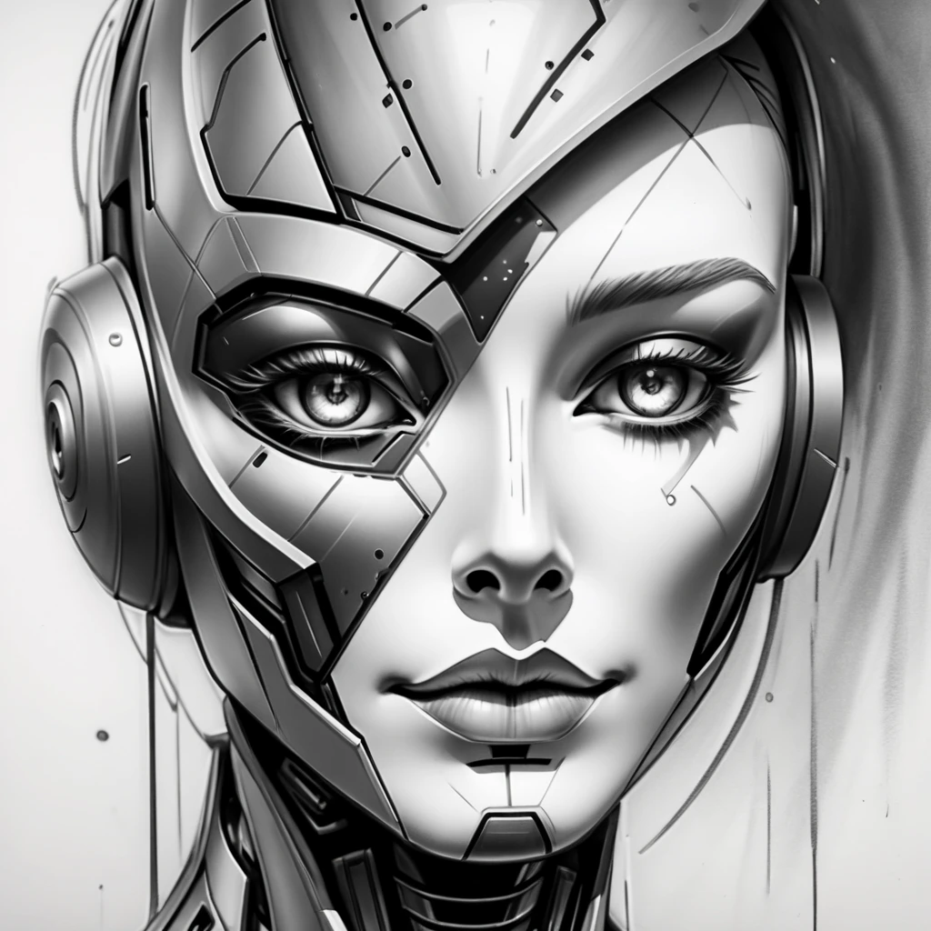 ，(character sketch:1.1)，(charcoal drawing:1.2)，Sketch，(pencil drawing:1.3)，Charcoal painting style，Black and white，character sketch, high resolution, 1womanl, Solo, (Detailed face), kda，bioluminic, Black and white galactic cybernetic mask, (abstracted, Make a sketch of a robot with high technology:1.5), Part description, SH4G0D,