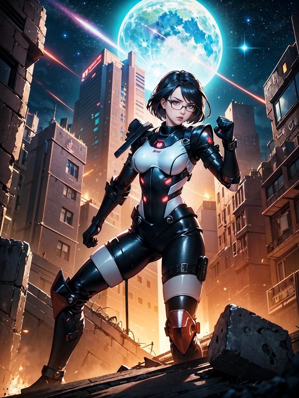 ((WakatsukiRisa, smug, black hair, short hair, glasses, brown eyes, medium breasts, wide hips, malicious)), smug,  ((pink lipstick, Extremely detailed, ambient soft lighting, 4k, perfect eyes, a perfect face, perfect lighting, a 1girl)) , ((((Space Detective, woman, (female exoskeleton), (red and black combat suit, fighting pose), wasteland, action scene, action pose, masterpiece, rich colors, Backlight, beautiful expression, fantasy art, character art, metallic red and silver combat suit)), wet body, ((fitness)), standing, Beautiful))