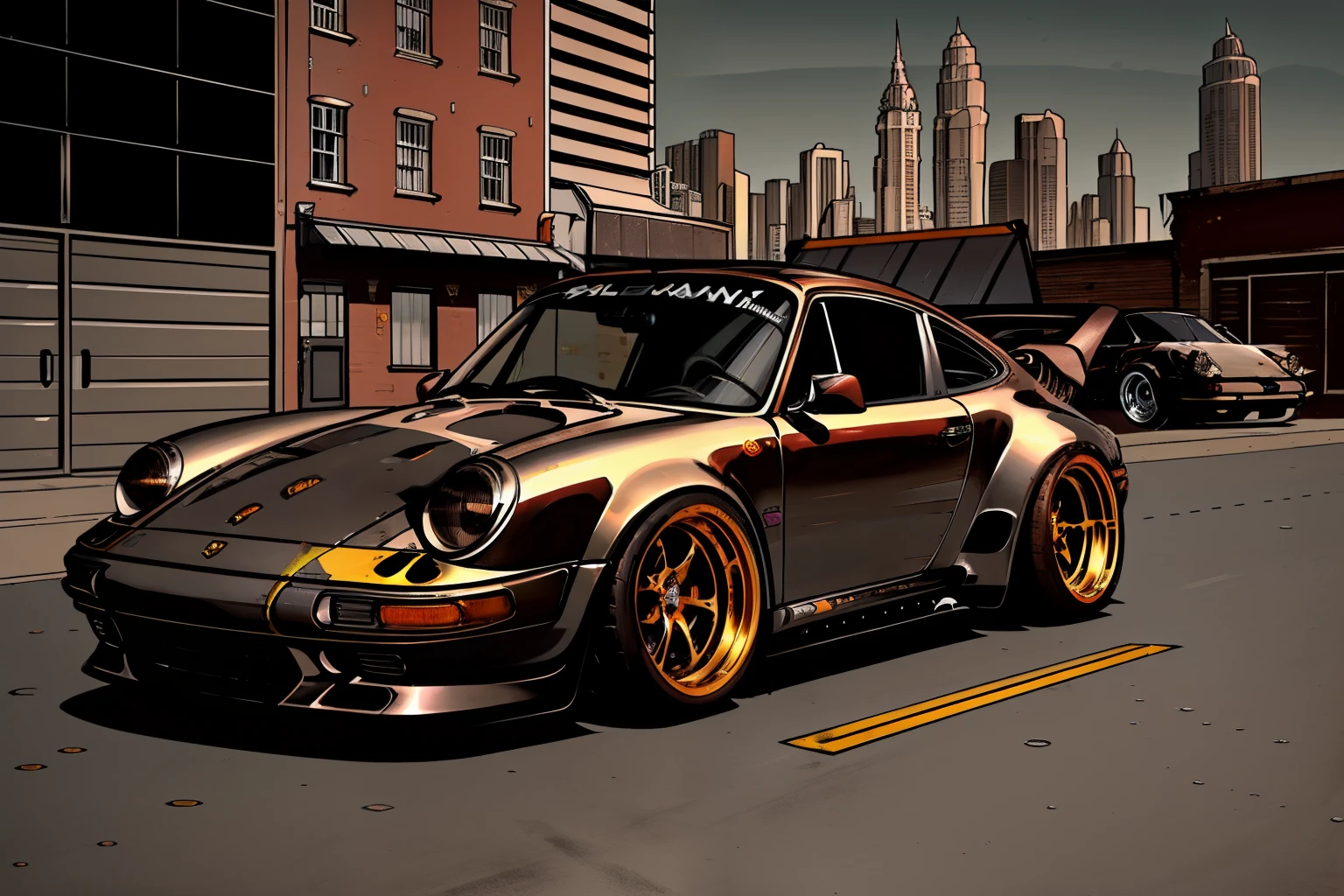 nvinkpunk, painting of a city with a Kodiak brown metallic paint, metallic brown Porsche 911 rwb rotting,wide bodykit, large wheels, high quality,