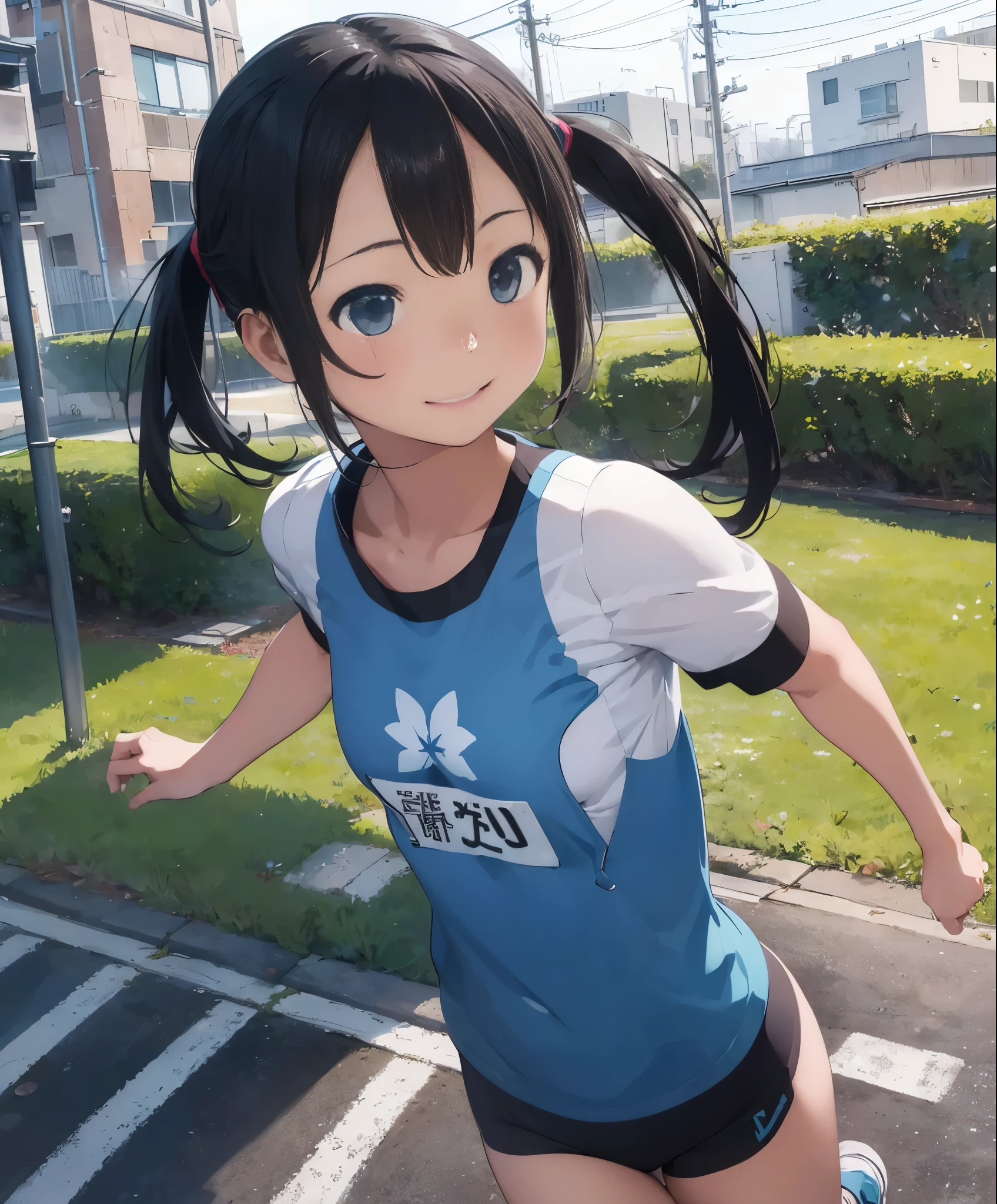 (masterpiece、highest quality、highest quality、official art、beautiful beautiful:1.2)、(1 girl:1.3)Hatsune Miku、twin tails,big breasts,table top, highest quality, 8k_wallpaper, (beautiful eyes), ((cute)), cute, (Lovely), (Please park on sunny days),1 girl,,1 ,standing girl,smile,close up of face、Portrait(((run a marathon)))、(((jogging)))、((track and field uniforms))