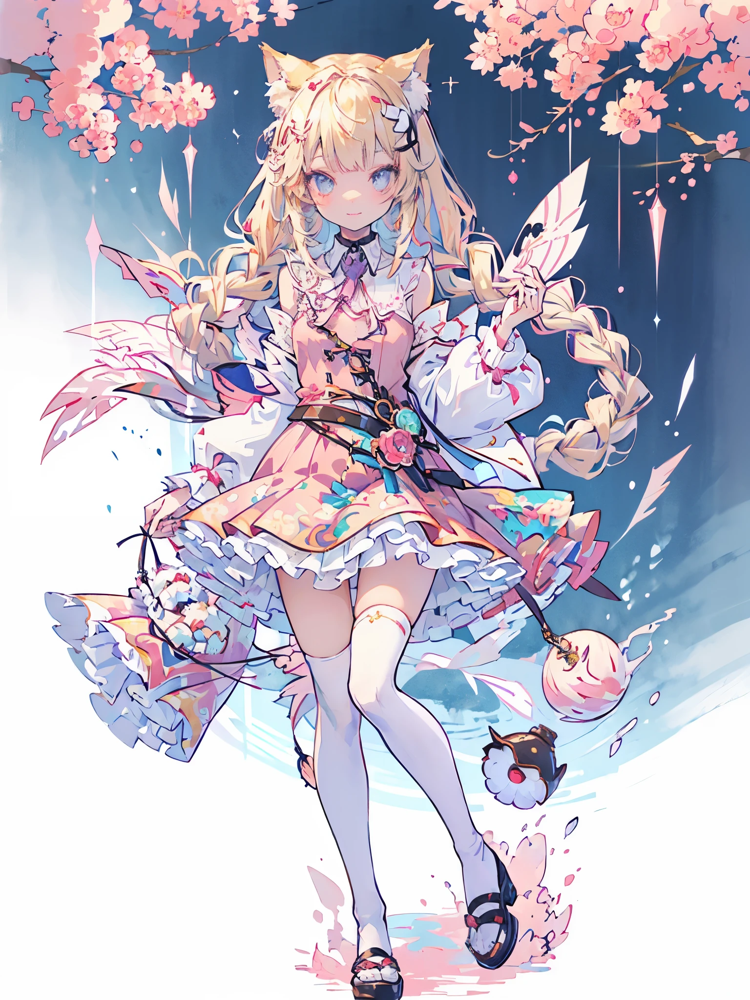 ((Tischplatte, best quality: 1.1), ((Anime girl in pink dress with magic wand)), Zauberstab in der Hand halten Art Nouveau、Anime-Cat girl in traditioneller asiatischer Kleidung, , blonde Haare、lange Haare、((Strahlende, juwelenartige Augen, lange Wimpern, Transparenz))、Very Beautiful Anime Cat girl, Anime-Cat girl, ((White knee socks)), attraktives Cat girl, im Ryuuou no Oshigoto-Kunststil, Cat girl, sehnsuchtsvoller Charakter, With a smile, offene Haare, Haare teilweise geflochten