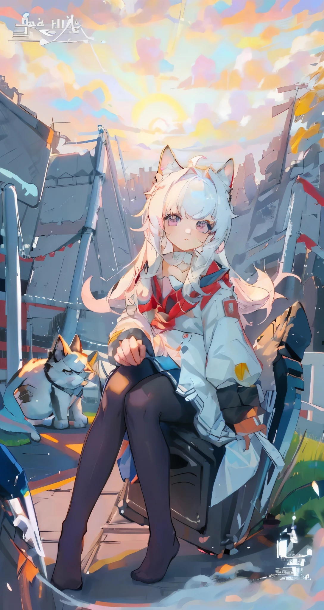 ((masterpiece, best quality)),a girl, solo, skirt, sky, sitting, pantyhose, serafuku, cloud,outdoors, neckerchief ,day, bangs, fence, shirt, ahoge, rooftop, long hair, white pantyhose,white hair, white school uniform, white sailor collar,light pink eyes, sailor collar, white skirt, red neckerchief, white serafuku, animal ears, blue sky,white shirt, looking at viewer, closed mouth,cat ears, chain-link fence, white skirt, cloudy sky, trash can, pleated,no shoes,full body,landscape,city