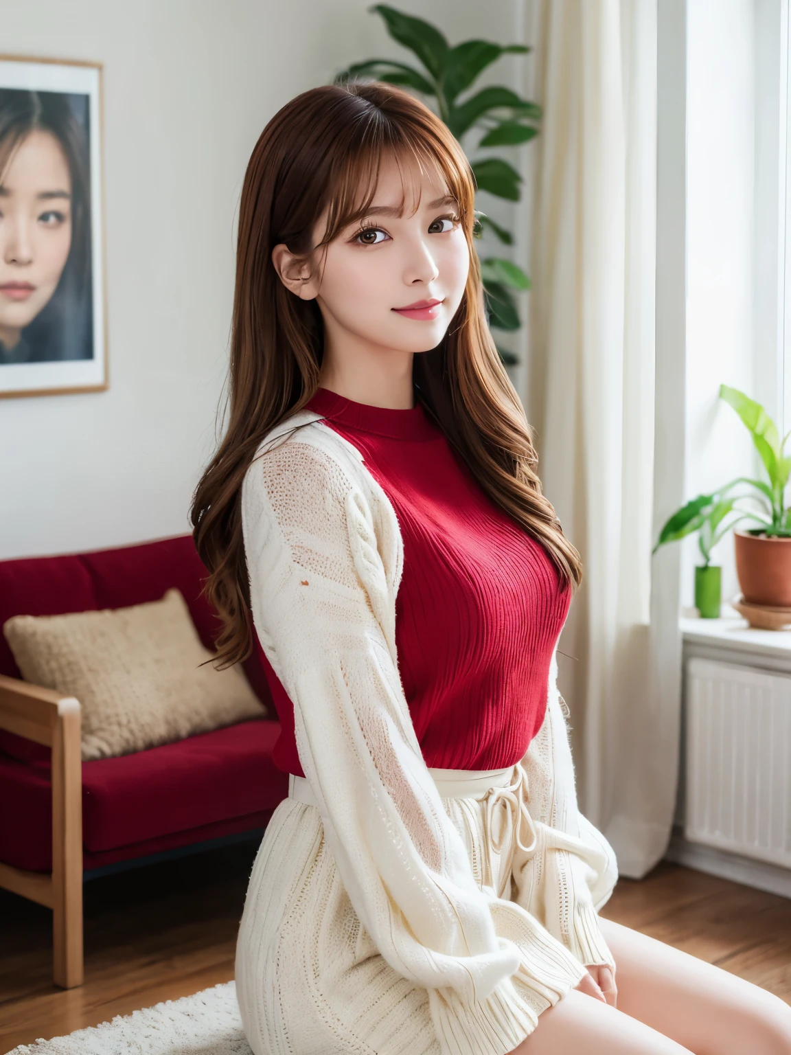 (masterpiece), best quality, ultra high res, close up, sitting cross leg pose, slim body, soviet style, 1girl, (pantyhose, white pleated skirt, soviet uniform sweater),long hair, sopi, laughing, photon mapping, physically-based rendering, cinematic lighting, intricate, High Detail, Sharp focus, dramatic, photorealistic, cat ears<lora:sopi:0.65>