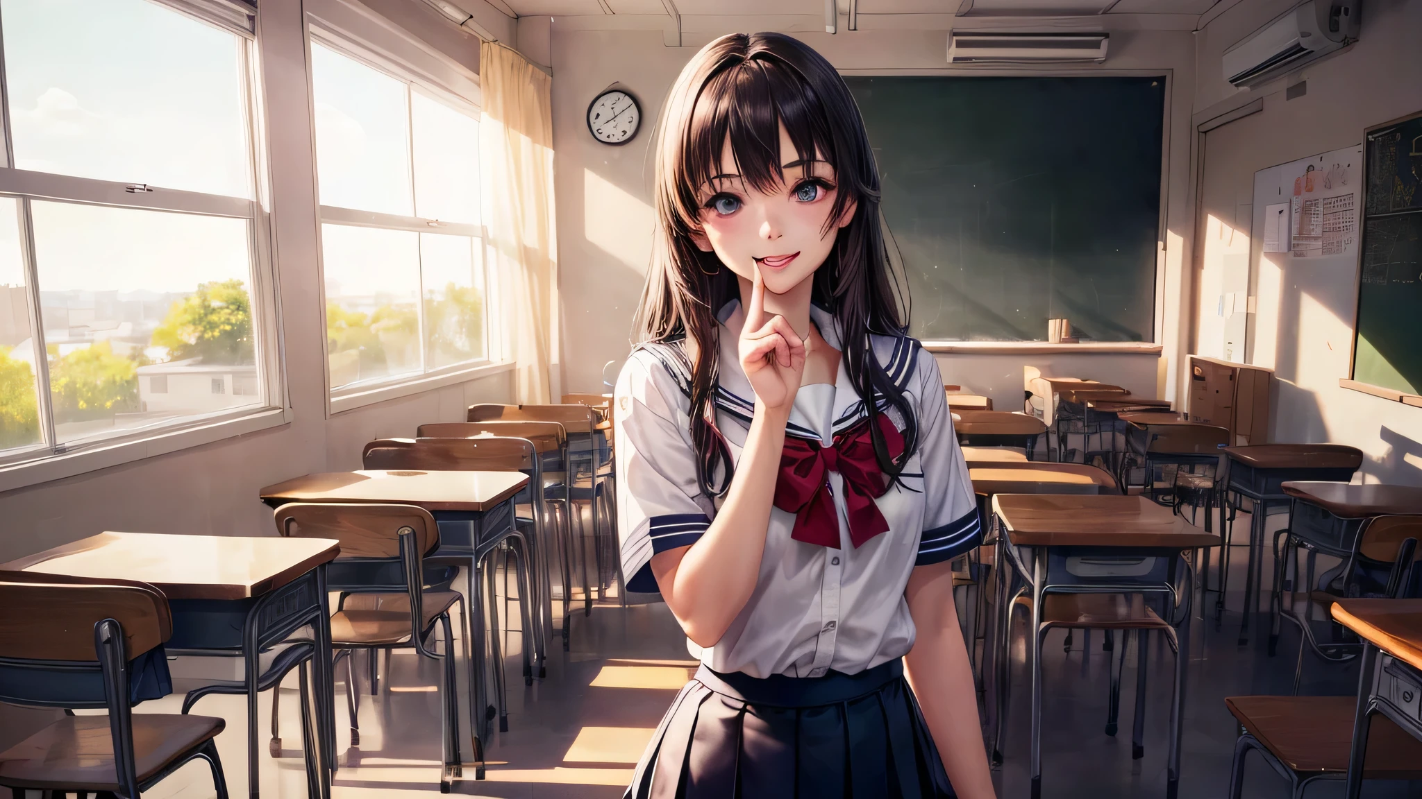 1 girl, very cute face, wonderful face and eyes, Smile, (highly detailed eyes, highly detailed face), Fresh, very beautiful appearance, (surreal, High resolution), (highest quality:1.4), professional photography, (high School uniform, pleated mini skirt:1.2), smile a little, (look at me), (anime illustration), School, classroom,