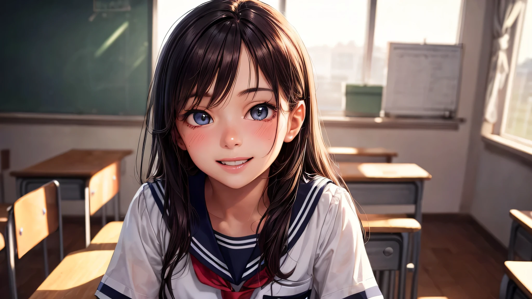 1 girl, very cute face, wonderful face and eyes, Smile, (highly detailed eyes, highly detailed face), Fresh, very beautiful appearance, (surreal, High resolution), (highest quality:1.4), professional photography, (high School uniform, pleated mini skirt:1.2), smile a little, (look at me), (anime illustration), School, classroom, 