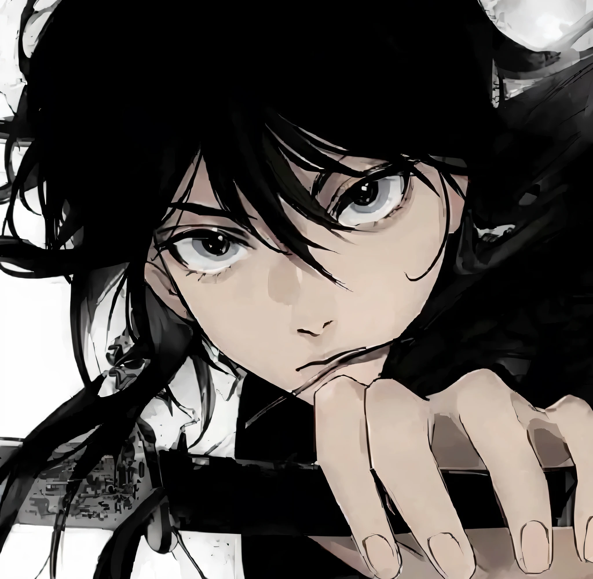 Anime girl with black hair and eyes staring at camera, Inspired by Okumura Masanobu, black anime manga girl, black and white comic style, portrait of Eren Yeager, Inspired by Yukihiko Yasuda, Stunning anime face portraits, Inspired by Hiroshi Yamagata, Eren Yeager, anime characters, anime wallpaper