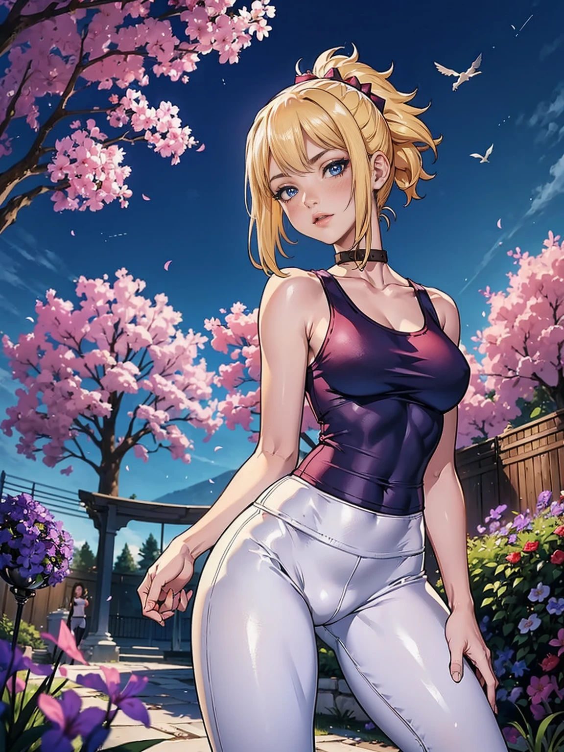 ((1woman, (solo, 1girl, alone, back), kohaku, blonde hair, blue eyes, tied hair)), smug, ((pink lipstick, Extremely detailed, ambient soft lighting, 4k, perfect eyes, a perfect face, perfect lighting, a 1girl)) , (extremely detailed beautiful face), ( (( (blush, high collar, off-the-shoulder, sleeveless), ((lascivious look, lascivious)), ((austere, shiny eyes, red tank top, white yoga pants, tight clothes)), 1girl, solo, standing ((standing, garden background)), flowers, jacaranda grove, park