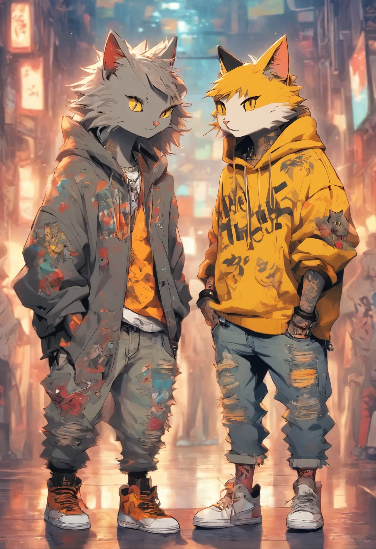 Two cool and trendy cats talking to each other, gray hair, yellow eyes, wearing trendy hip hop clothes, wearing a hoodie, Graphic T-shirt and ripped jeans, lots of tattoos and piercings, doodle style background, highly detailed background, perfect masterpiece, high quality, High resolution