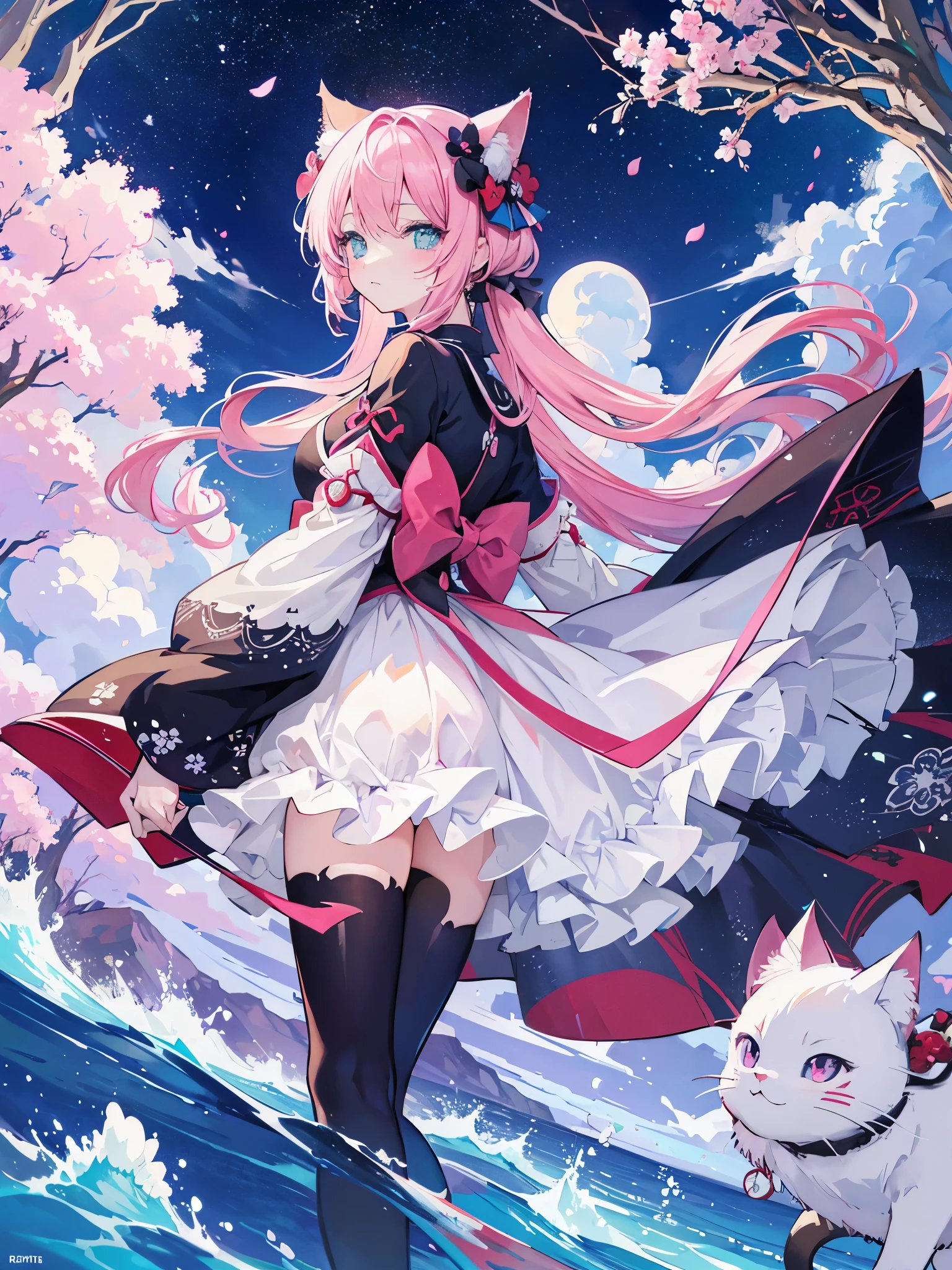 There is a very large moon in the background，unter den Sternen, eine Katze mit rosa Haar sitzt auf einem Ast，junge Erwachsene，girl, rosane Kleidung，ethereal cat，Dreamy，detaillierte Kunst，a beautiful artwork illustration，Fabelwesen，schwarze Katze，Beautiful digital artwork，Kirschblütenbaum, Sky blue pink and purple colored, T-Shirt Design, Langhaariges Anime-girl mit Katze und Katze, cute Anime-Katzegirl, Anime-girl mit Katzenohren, Anime-Katzegirl, Anime-Katze, Very beautiful Anime-Katze girl, beautiful Anime-Katzegirl, very beautiful sweet cat girl, girl mit Katzenohren, Katzenfrau, nekomimi, Anime visual of a cute cat, Süßes Anime-girl, cute anime face, Farben rosa und mint, Haarfarbe light pink, cute clothes, pastellfarben, Katzenschwanz, plüschig, Hokusai Stil, Hokusai Welle