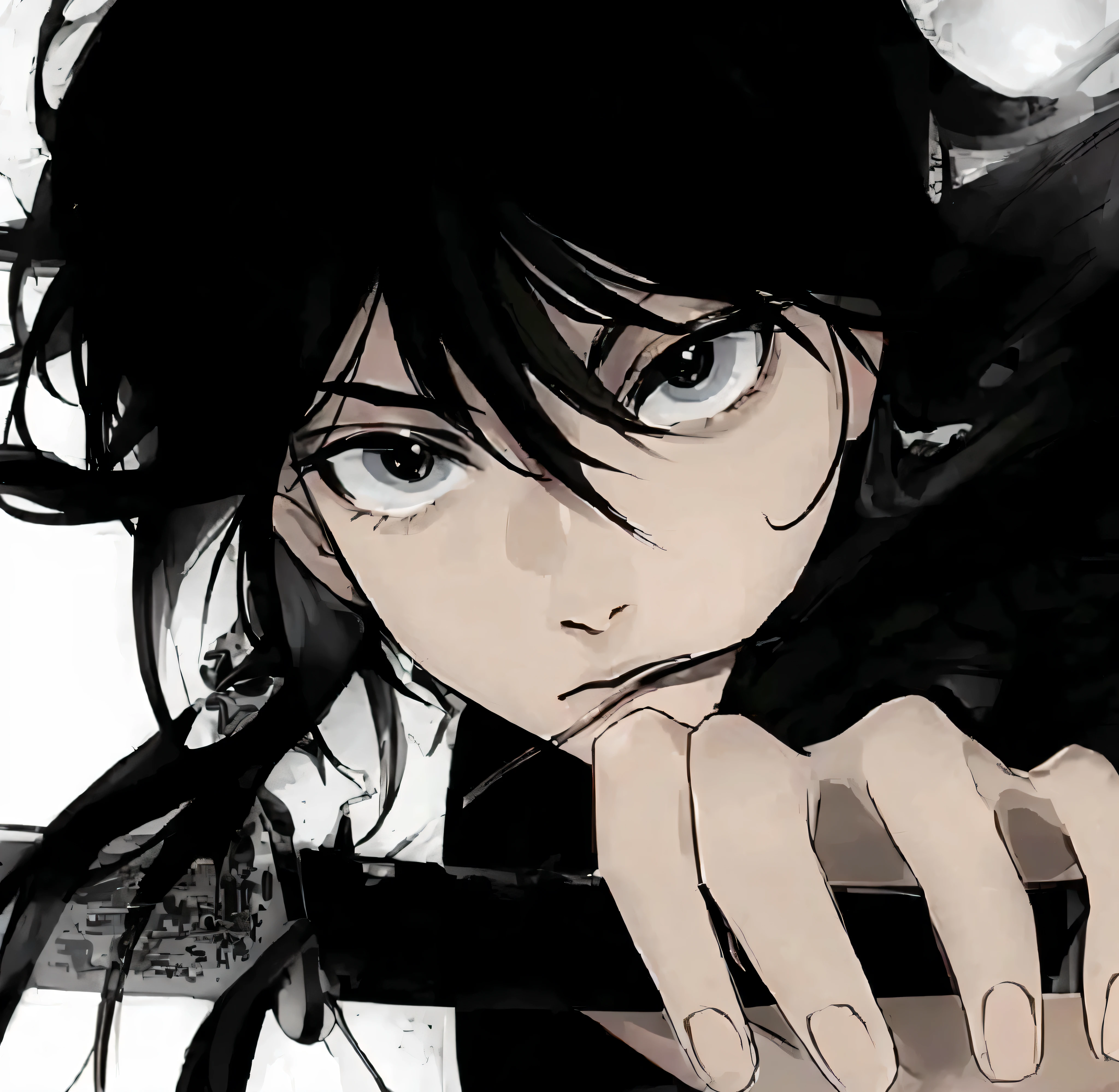 Anime girl with black hair and eyes staring at camera, Inspired by Masanobu Okumura, black anime manga girl, black and white comic style, portrait of Ellen Yeager, Inspired by Yukihiko Yasuda, Stunning anime face portraits, Inspired by Hiroshi Yamagata, Ellen Yeager, anime characters, anime wallpaper