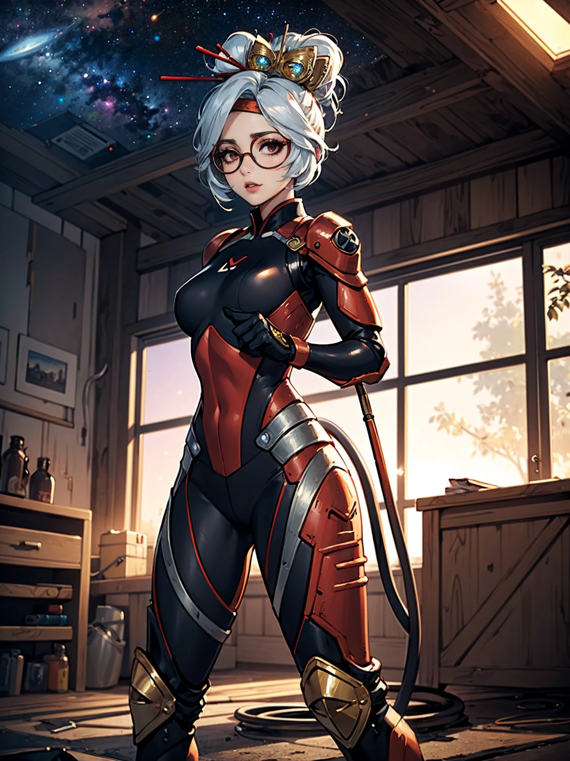 ((1girl, slolo, alone, Shy, kawai, cute, Masterpiece, Best Quality, Purah, White Hair, Red Eyes, Red Headband, Hair Ornament, Hair Sticks, Red Glasses)), ((pink lipstick, Extremely detailed, ambient soft lighting, 4k, perfect eyes, a perfect face, perfect lighting, a 1girl)) , ((((Space Detective, woman, (female exoskeleton), (red and black combat suit), wasteland, action scene, action pose, masterpiece, rich colors, Backlight, beautiful expression, fantasy art, character art, metallic red and silver combat suit)), wet body, ((fitness)), standing, Beautiful))