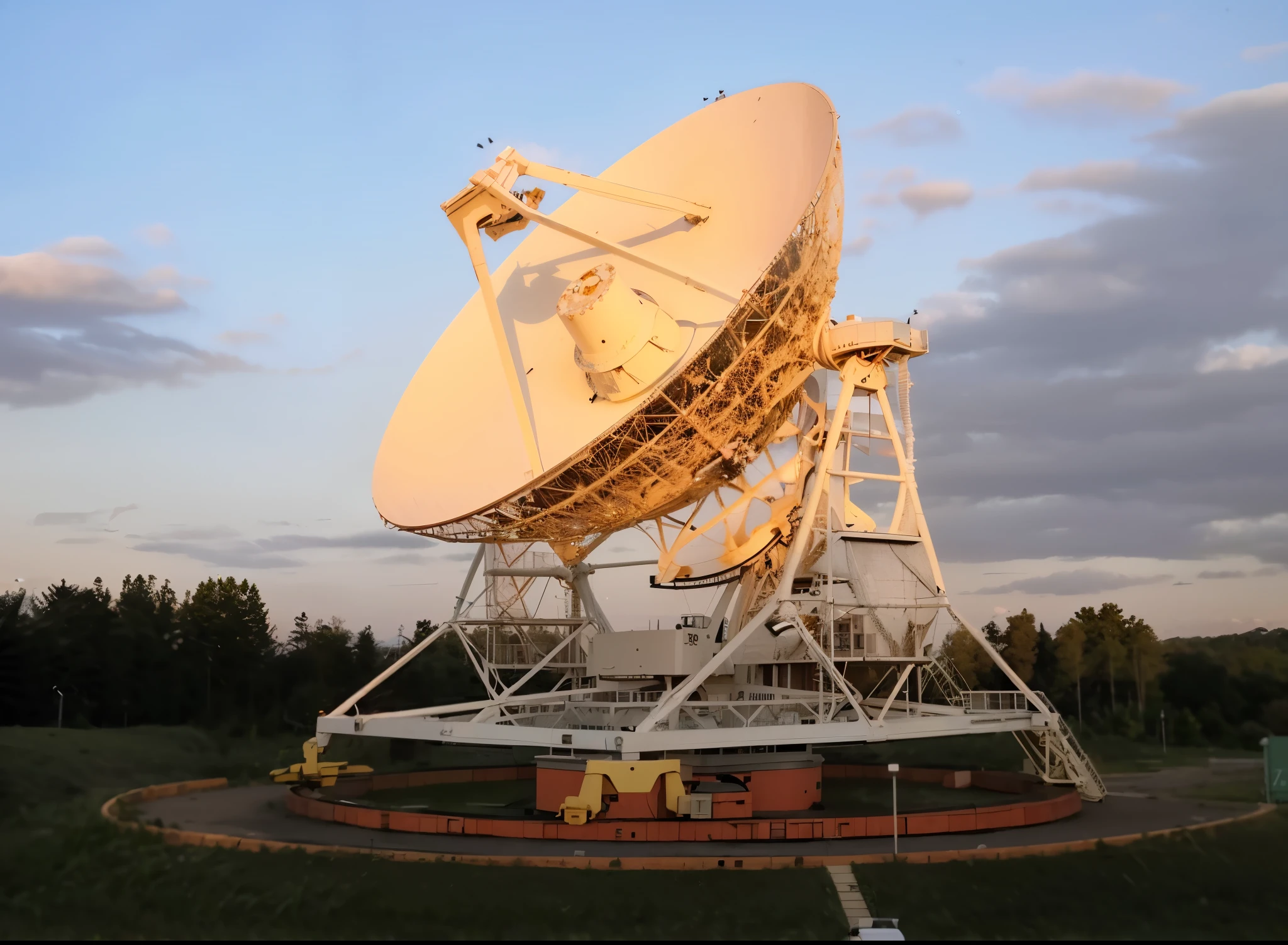 arafed satellite Dish sitting on a platform in a field, radio telescope, Large array, alien antenna, big telescope in front, Huge Radar, antenna, Dish, photo DSRL, satellite, The photo shows a large, space telescope, habl telescope, telescope, james web telescope, antennas, What, 4074294527