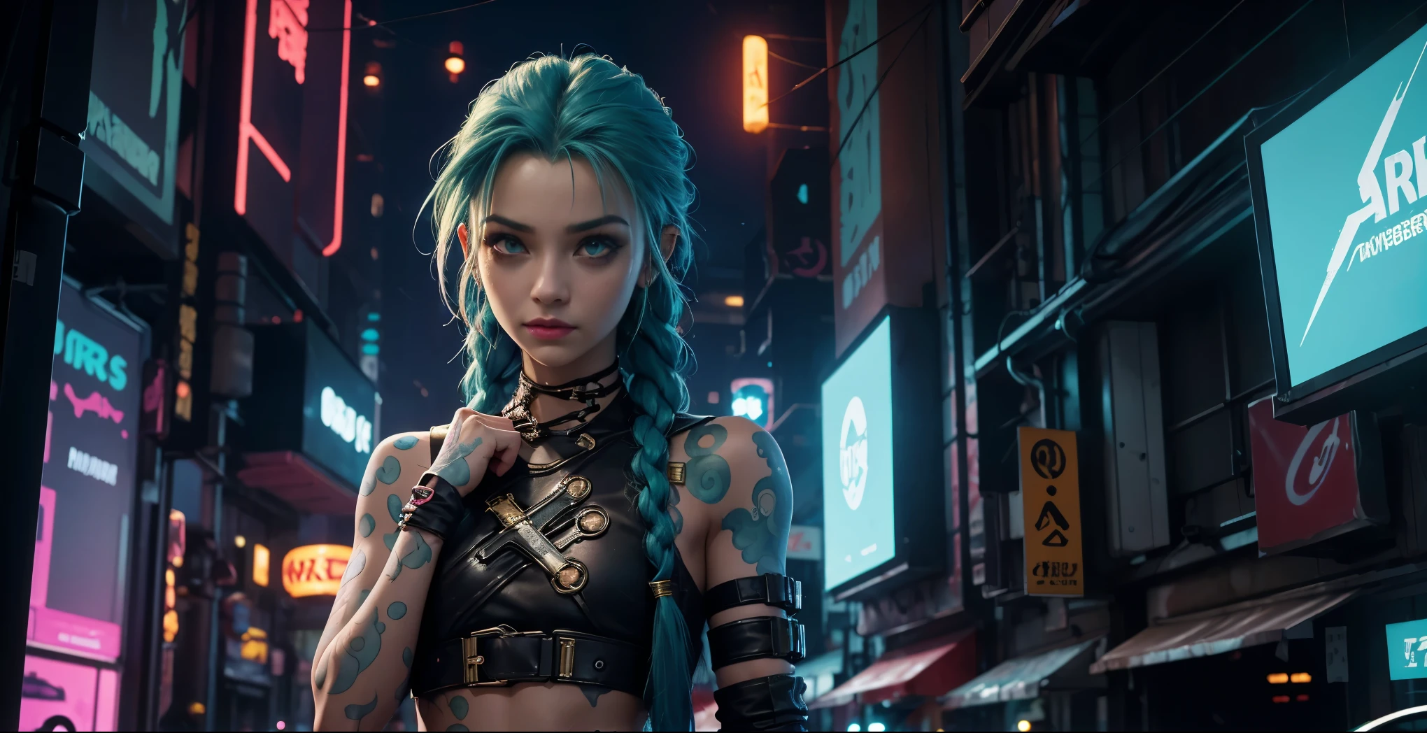 1 Girl, Solo,jinx arcano, uma mulher com cabelo verde e tatuagens, mulher cyberpunk mulher anime, pants, Deusa cyberpunk raivosa bonita, estilo de arte cyberpunk, arte digital de anime cyberpunk, arte de anime cyberpunk, Arcane Jinx Retrato, arte de anime cyberpunk, arte com tema cyberpunk, cyberpunk fantasia sombria, estilo arcano, 1 garota, stars tattoo on arm, asymmetrical bangs, franja, cabelo verde, green braids, camisa marrom, tatuagem de estrelas, lateralmente, cabelo verde, cabelo longo, olhos cor de rosa, Red lips, standing , tatuagem de nuvem, Twin braids. Jinx de arcano. Garota de cabelo verde, garota de Twin braids, Jinx em um lugar em chamas, spark, esferas de luz, Film Poster, Jinx, Arcane\(Liga das Lendas\